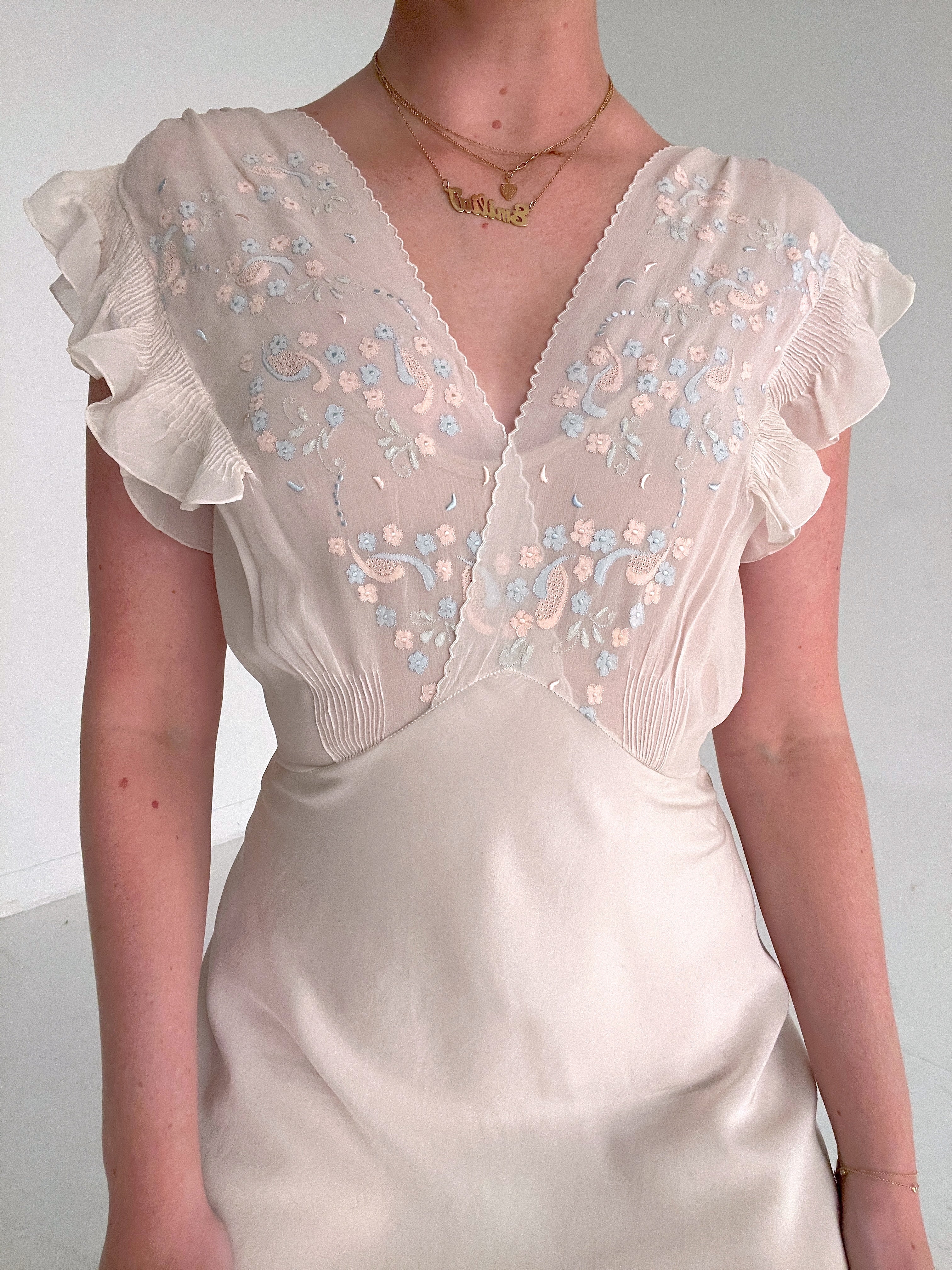 1930's White Silk Dress with Pink and Blue Floral Embroidery