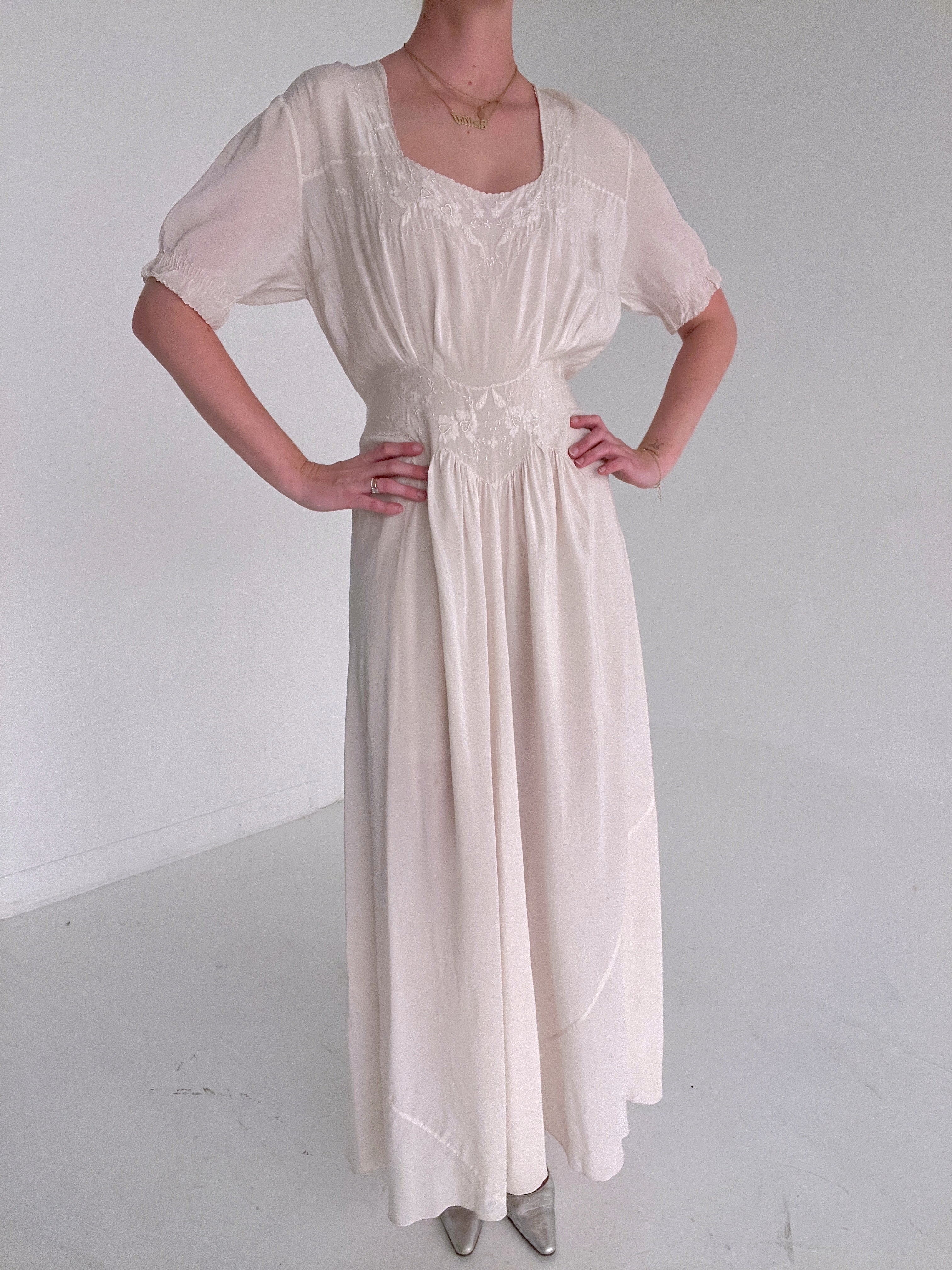 1930's Off White 3/4 Sleeve Silk Dress with Embroidery