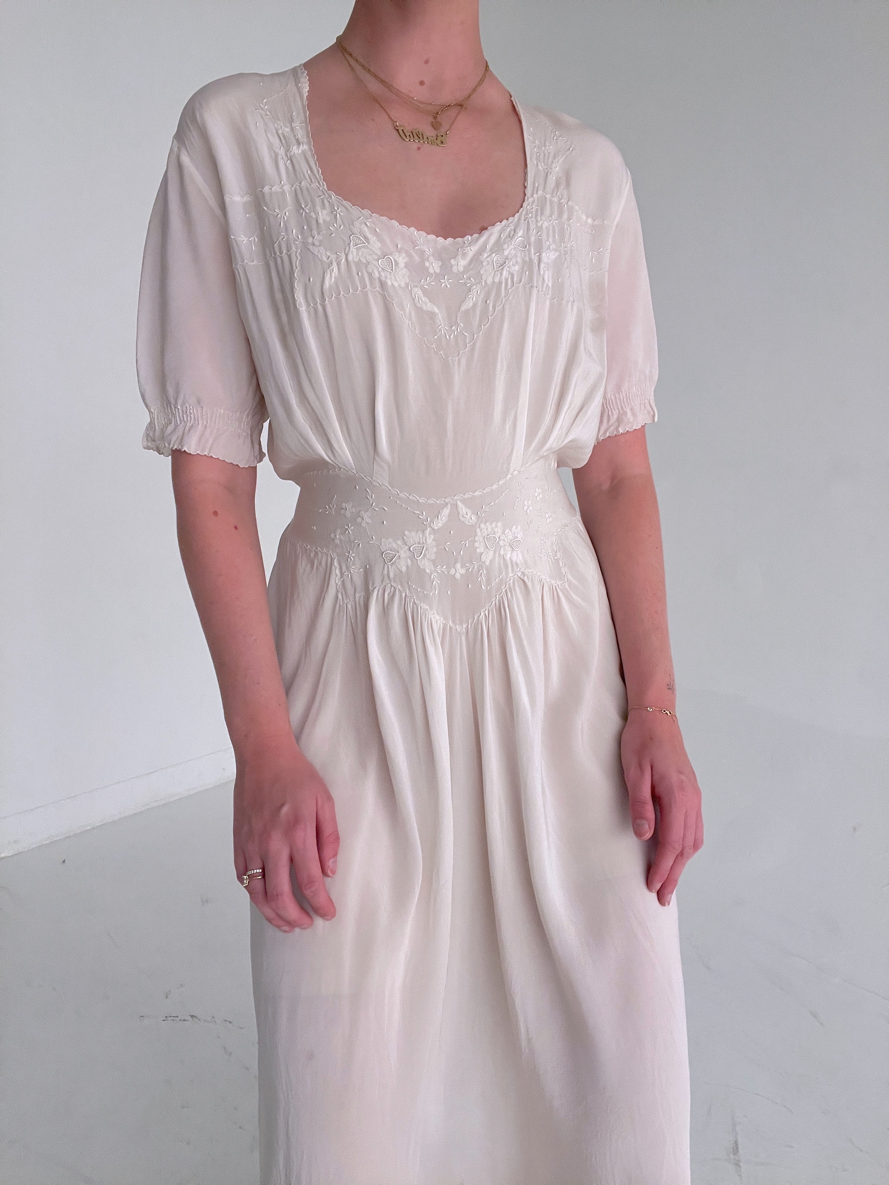1930's Off White 3/4 Sleeve Silk Dress with Embroidery
