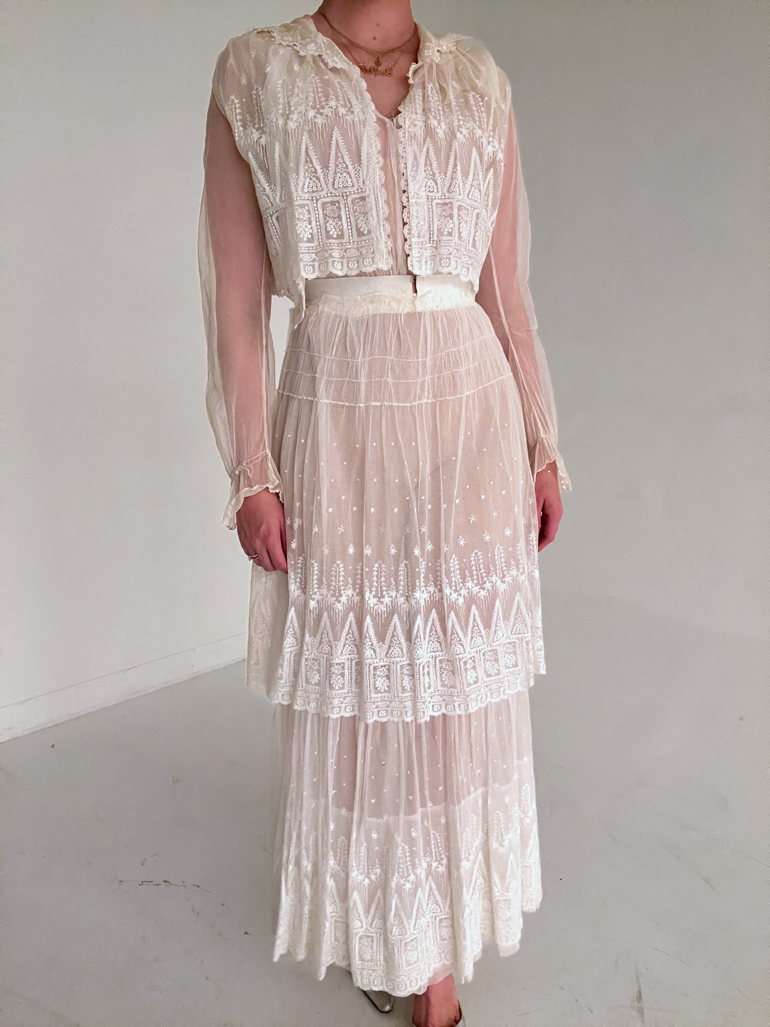 Edwardian Embroidered Net Gown with Tiered Skirt