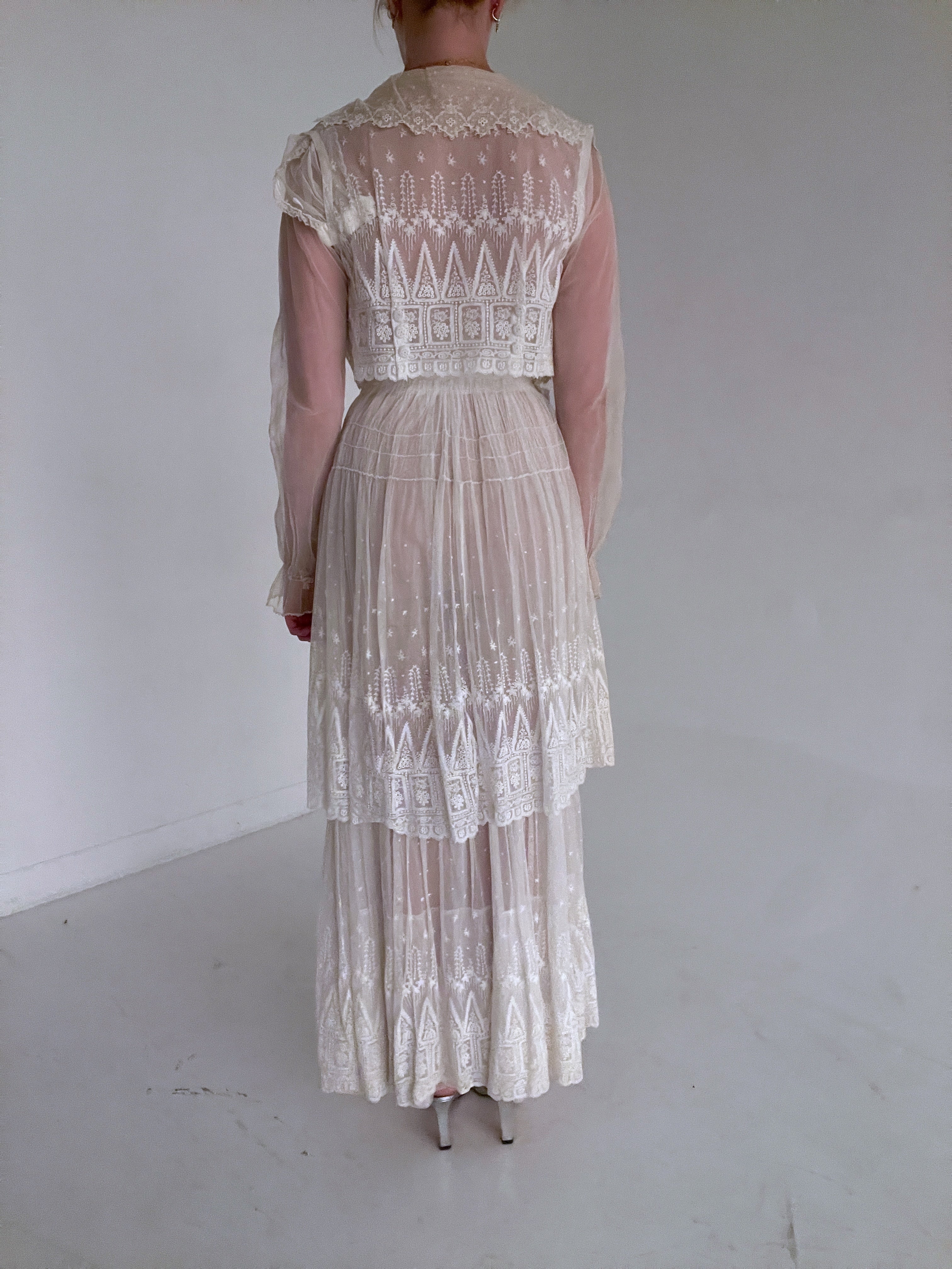Edwardian Embroidered Net Gown with Tiered Skirt
