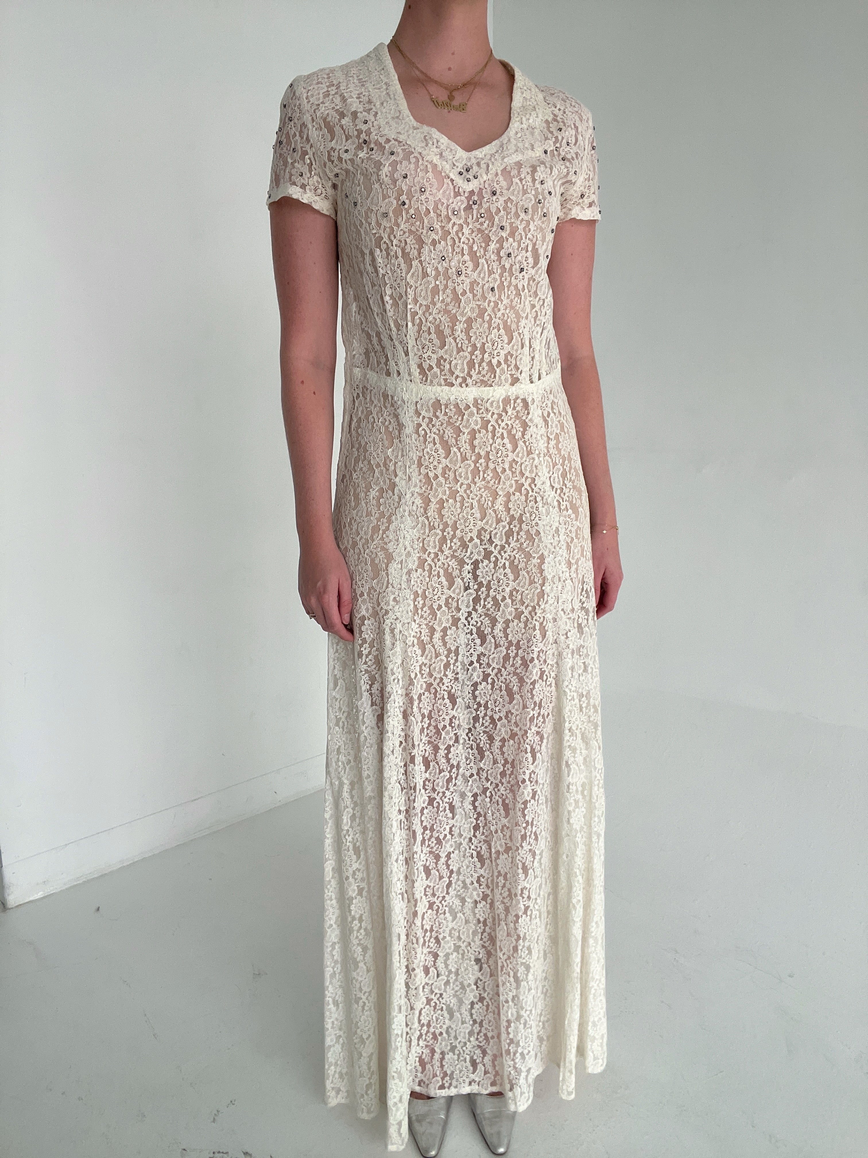 1950's Cream Lace Short Sleeve Dress Eveliina Vintage 1950's Cream Lace Short Sleeve Dress Eveliina Vintage