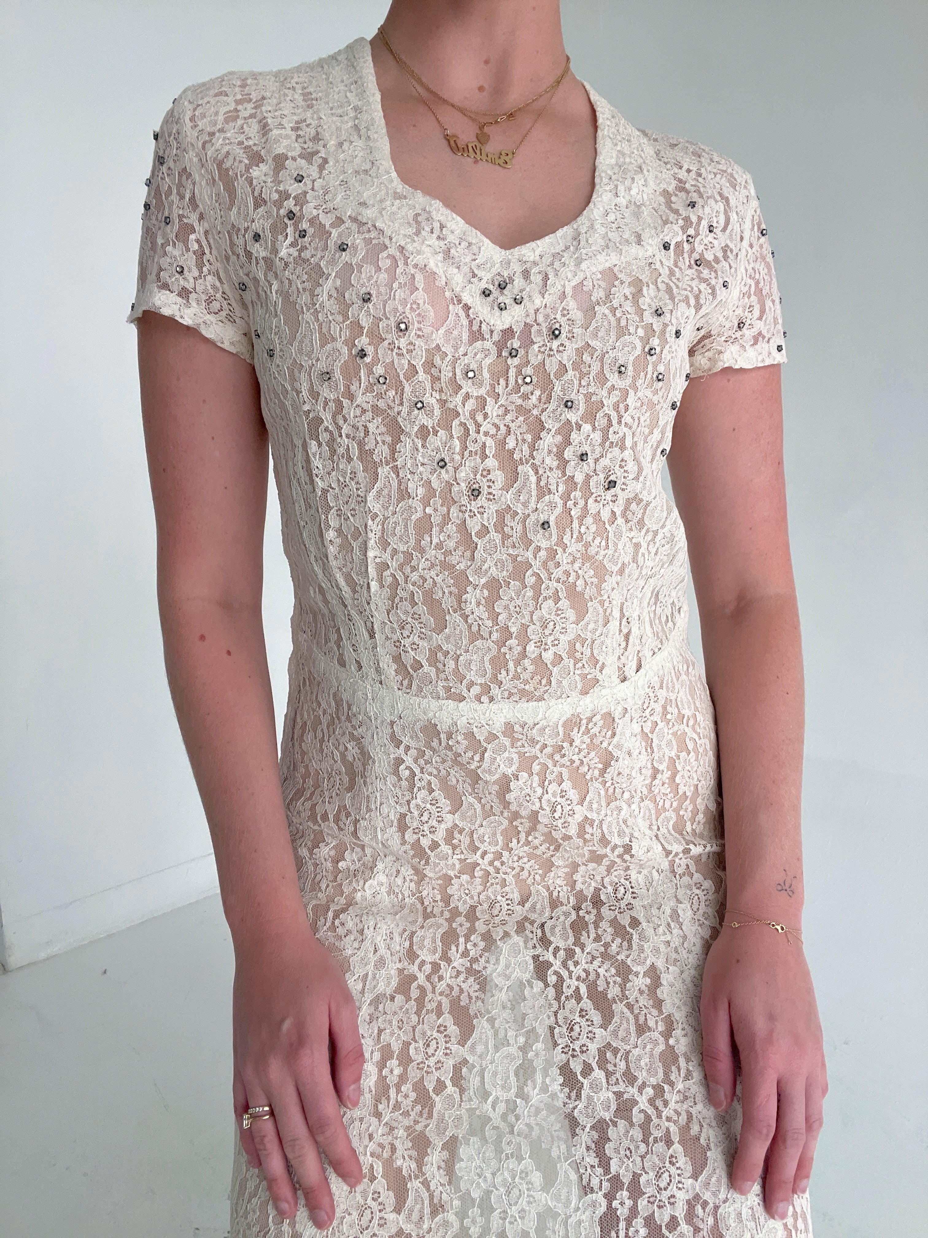 short cream lace dress Alena Eyelet Lace Dress in Beige