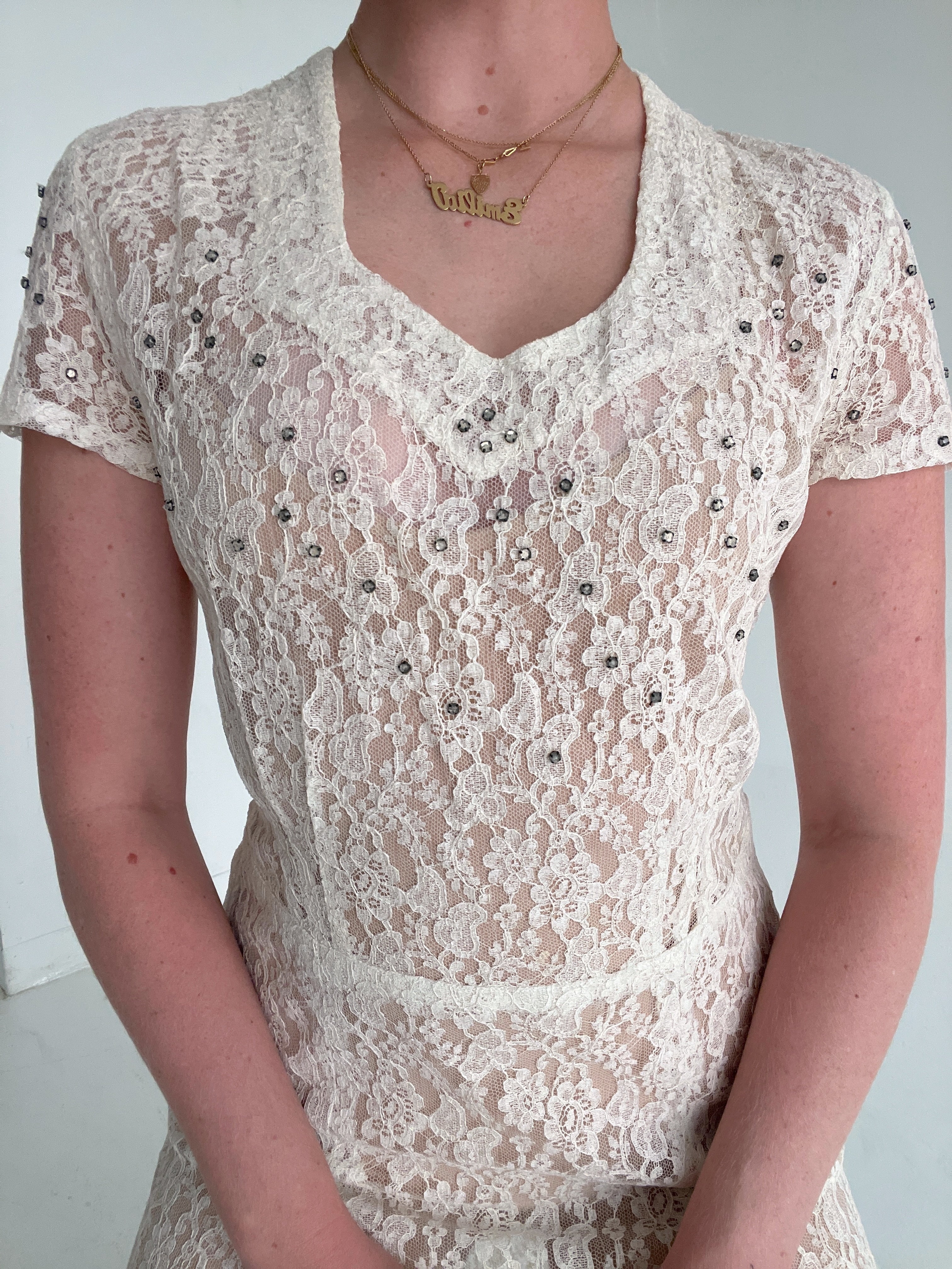 1950's Cream Lace Short Sleeve Dress