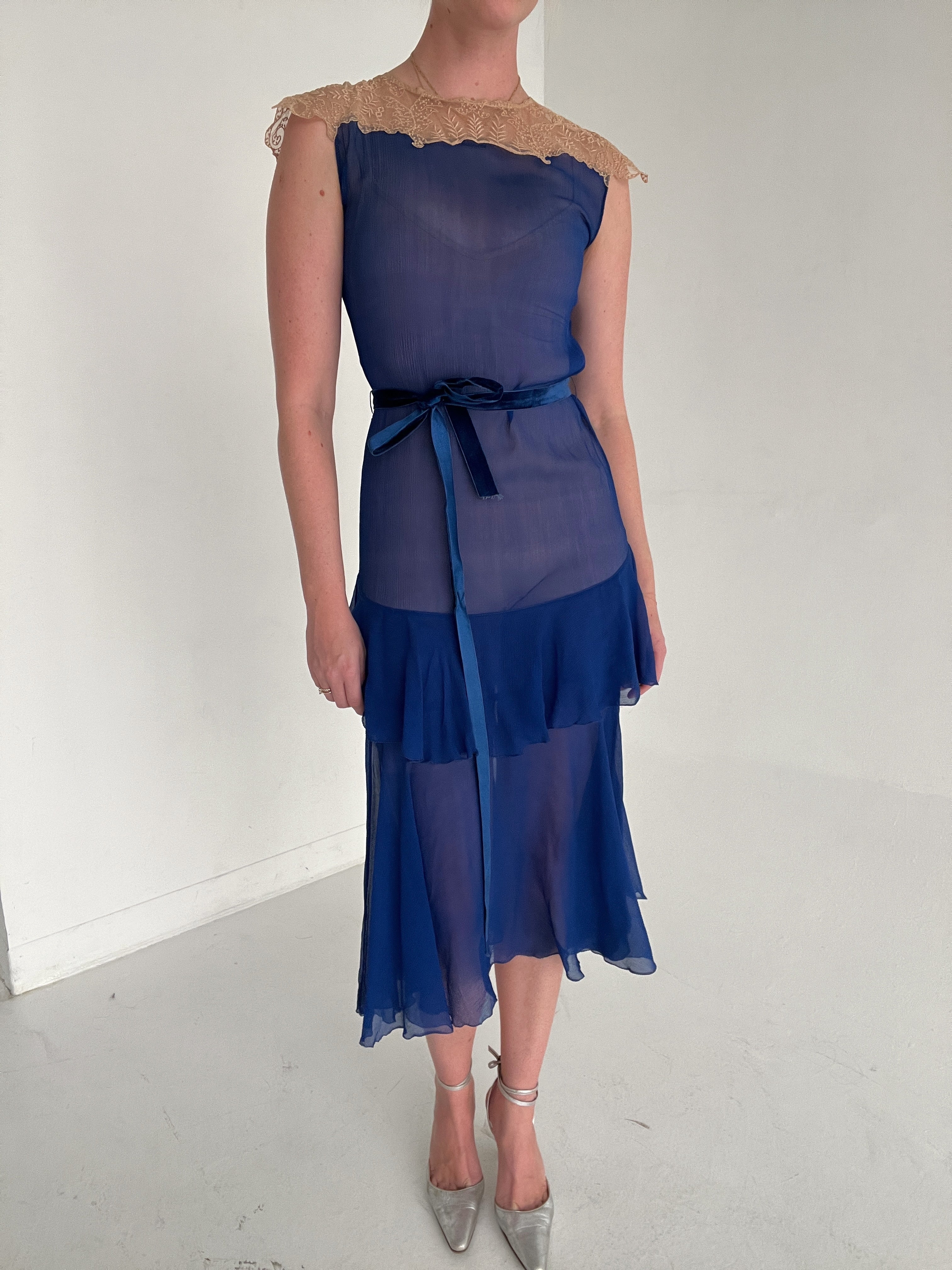 cobalt blue chiffon dress Dreamy Cobalt Blue Ruffle Trim Maxi Dress, Blue L