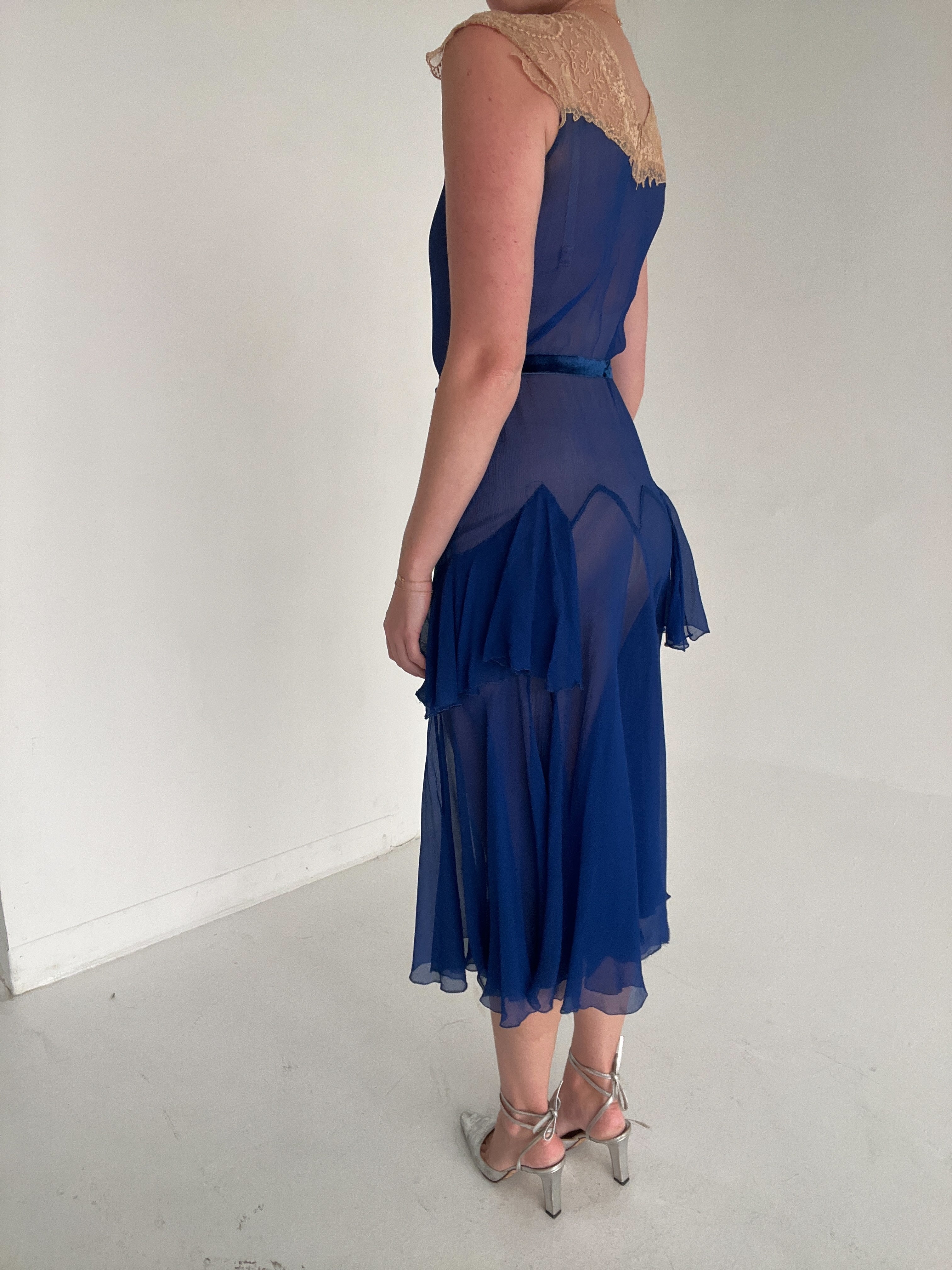 1920's Cobalt Blue Silk Chiffon Dress Eveliina Vintage 1920's Cobalt Blue Silk Chiffon Dress Eveliina Vintage