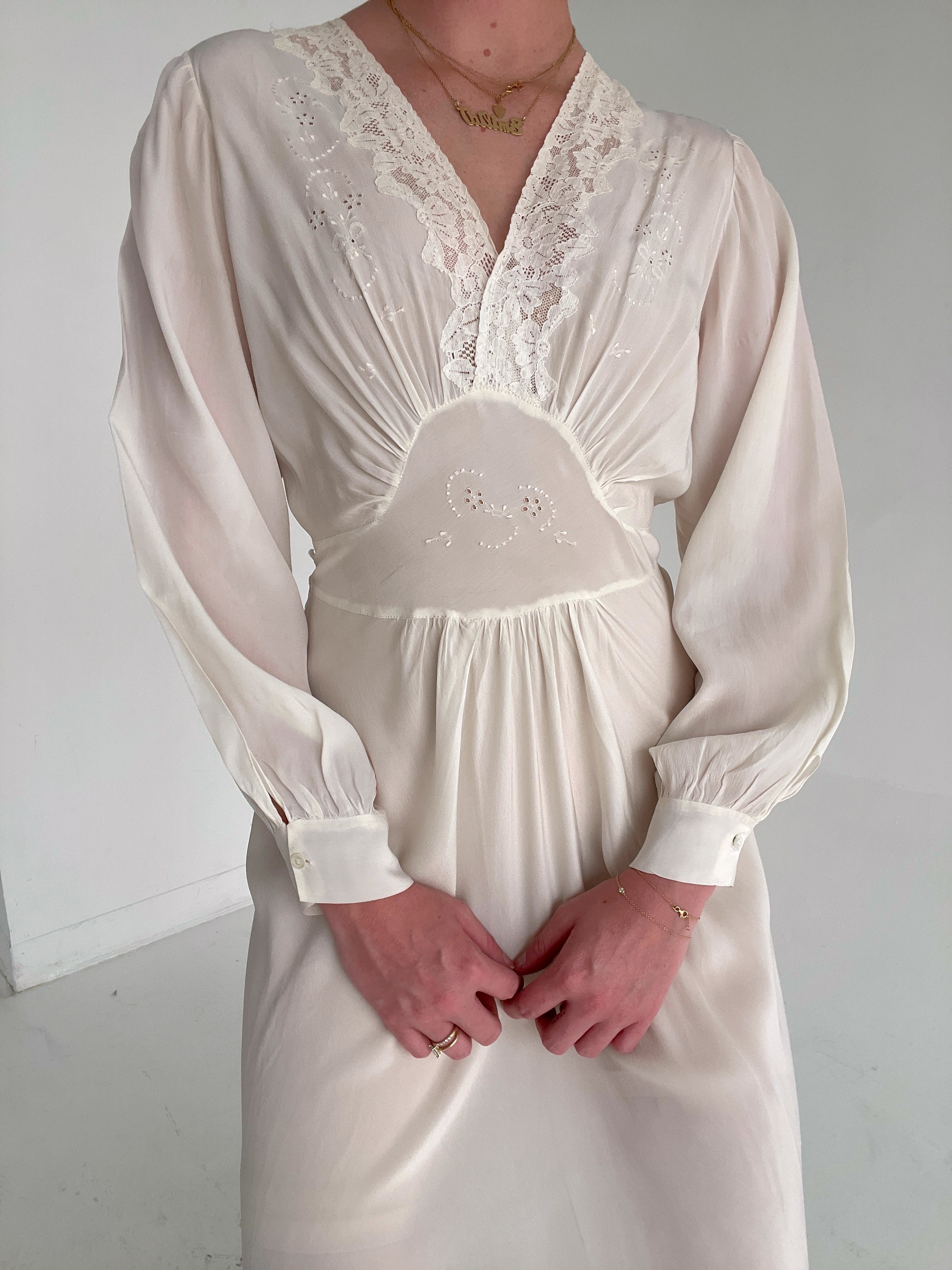1930's White Silk Long Sleeve  Dress