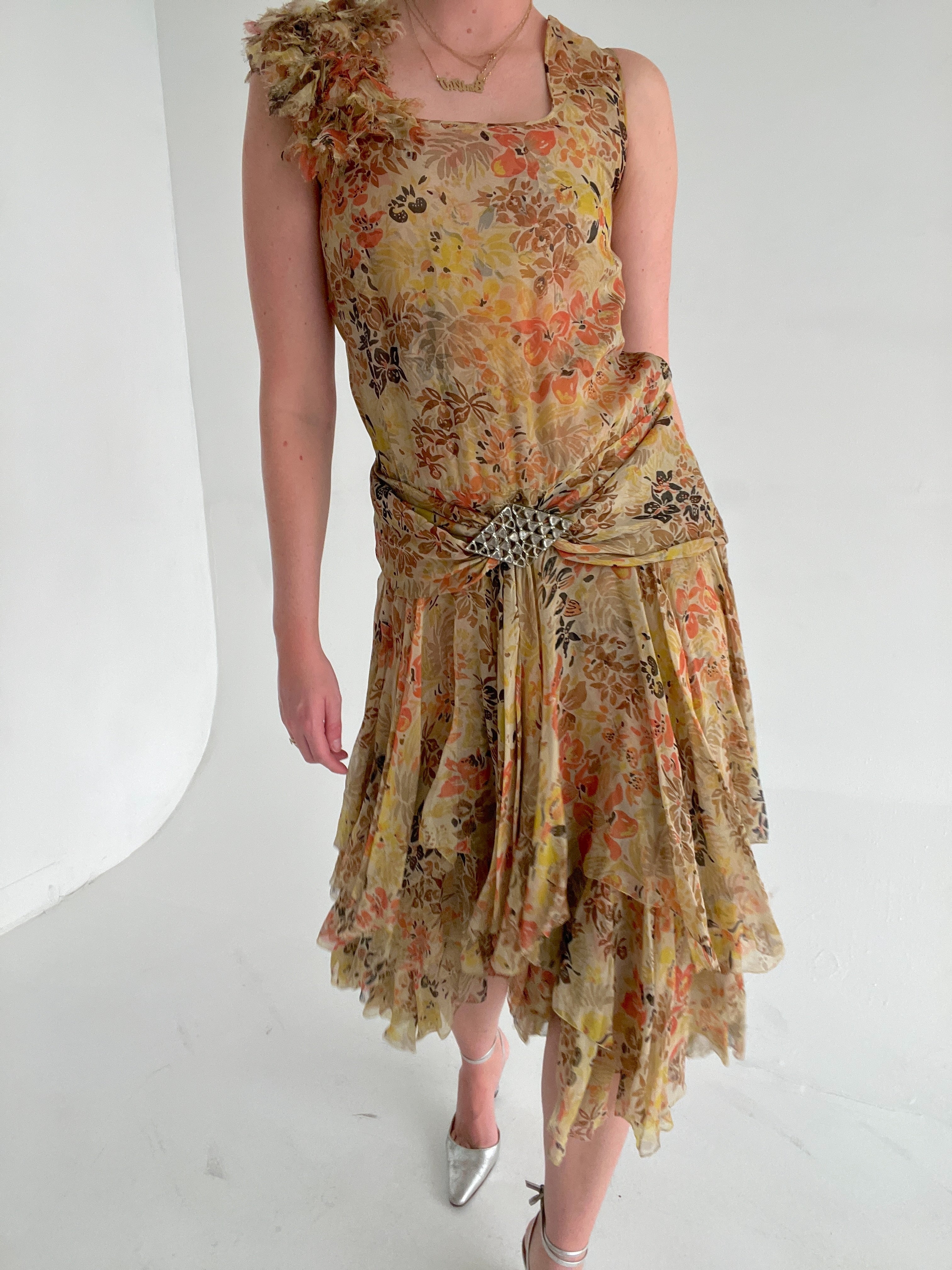 1920's Floral Silk Chiffon Dress with Layered Skirt