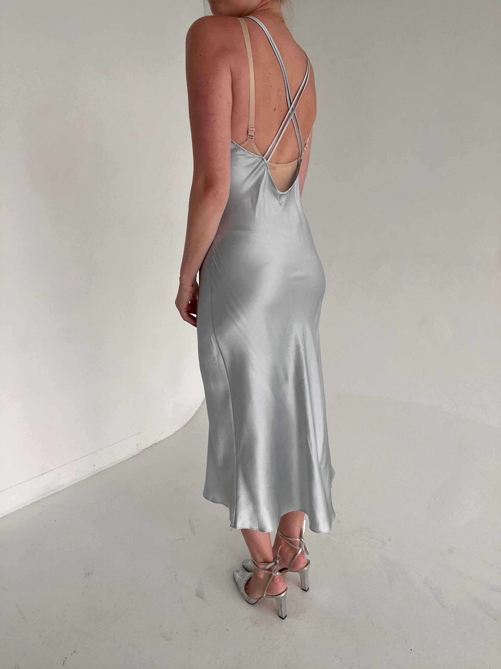 blue silk slip dress 1990's Icy Blue Silk Slip Dress – Eveliina Vintage