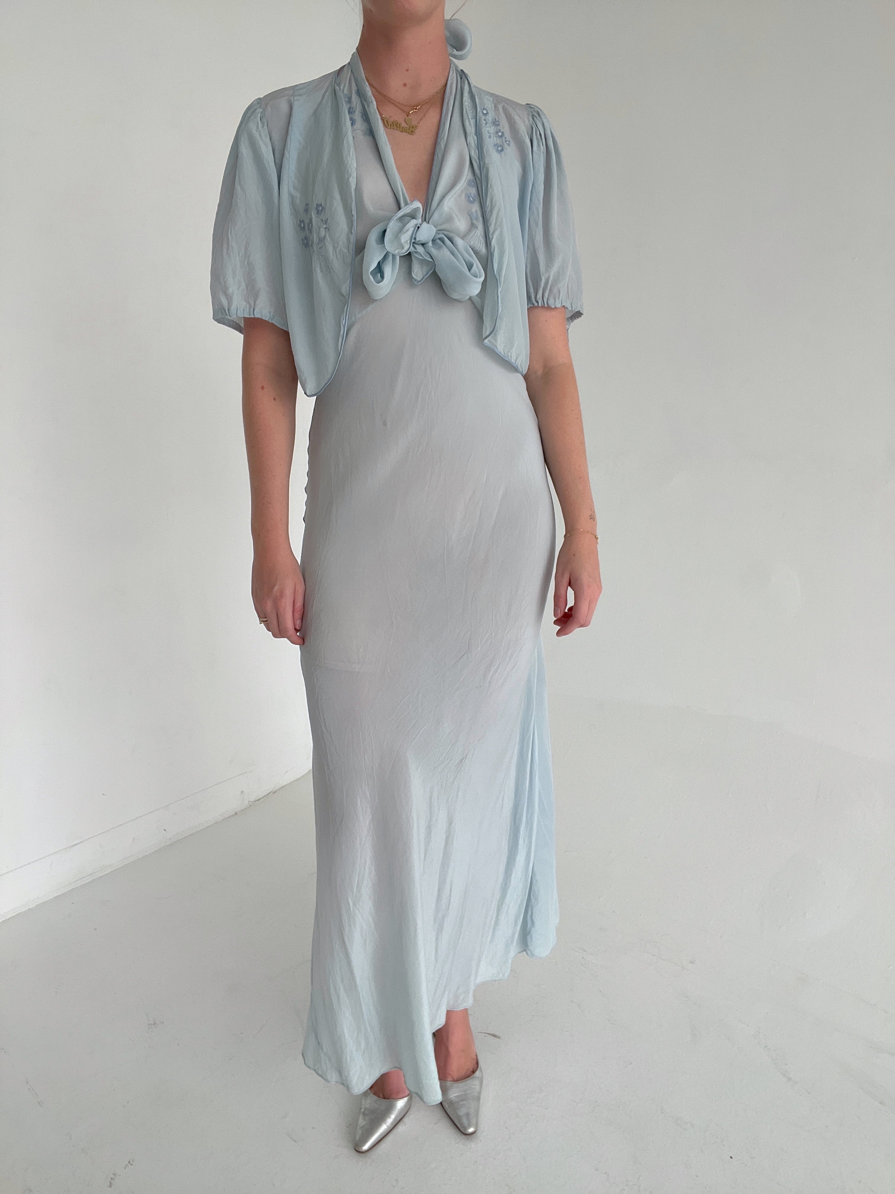 1930's Baby Blue Silk Halterneck Dress with Floral Embroidery And Bole