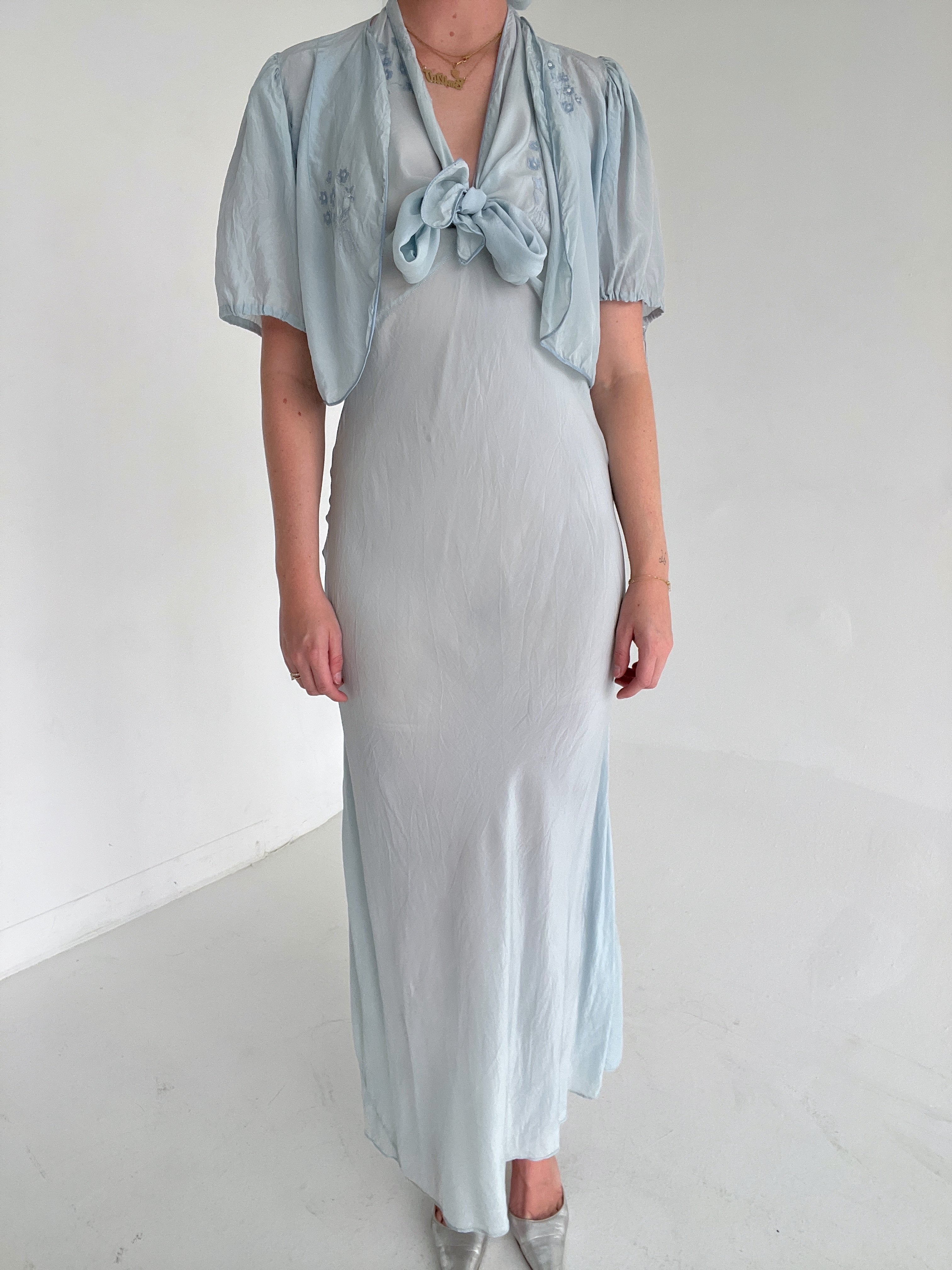 1930's Baby Blue Silk Halterneck Dress with Floral Embroidery And Bolero