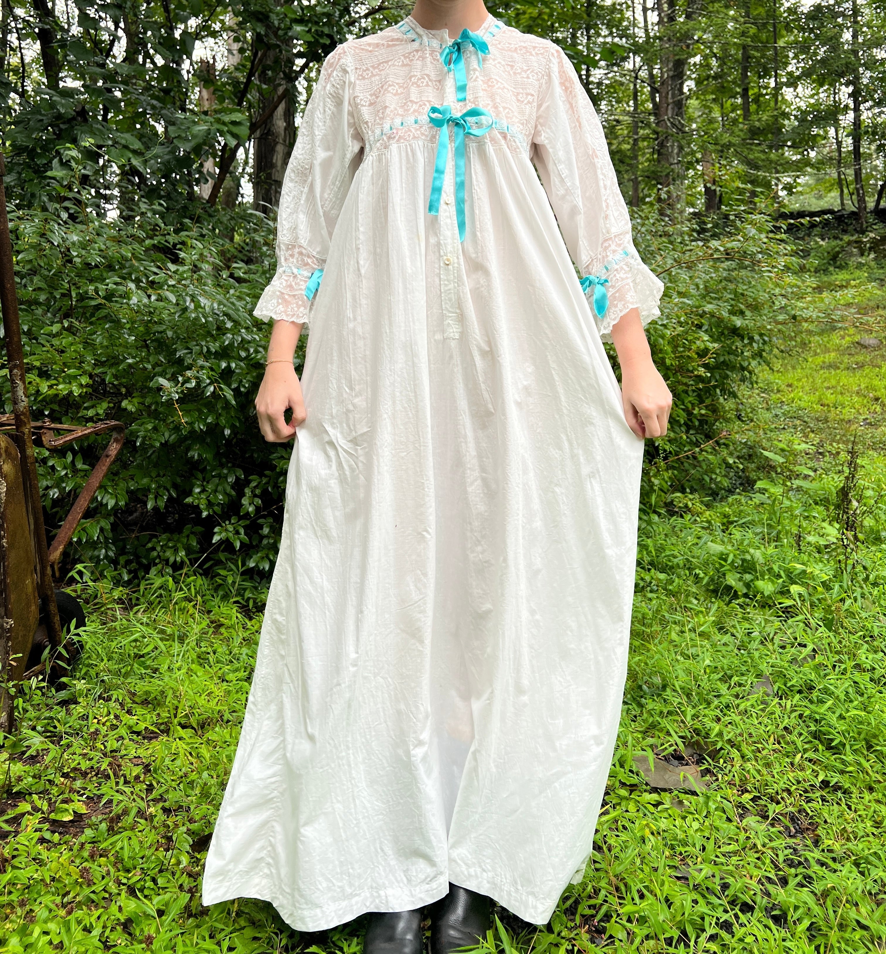 Edwardian White Cotton Dress with Blue Ribbon and Lace Eveliina Vintage Edwardian White Cotton Dress with Blue Ribbon and Lace Eveliina Vintage