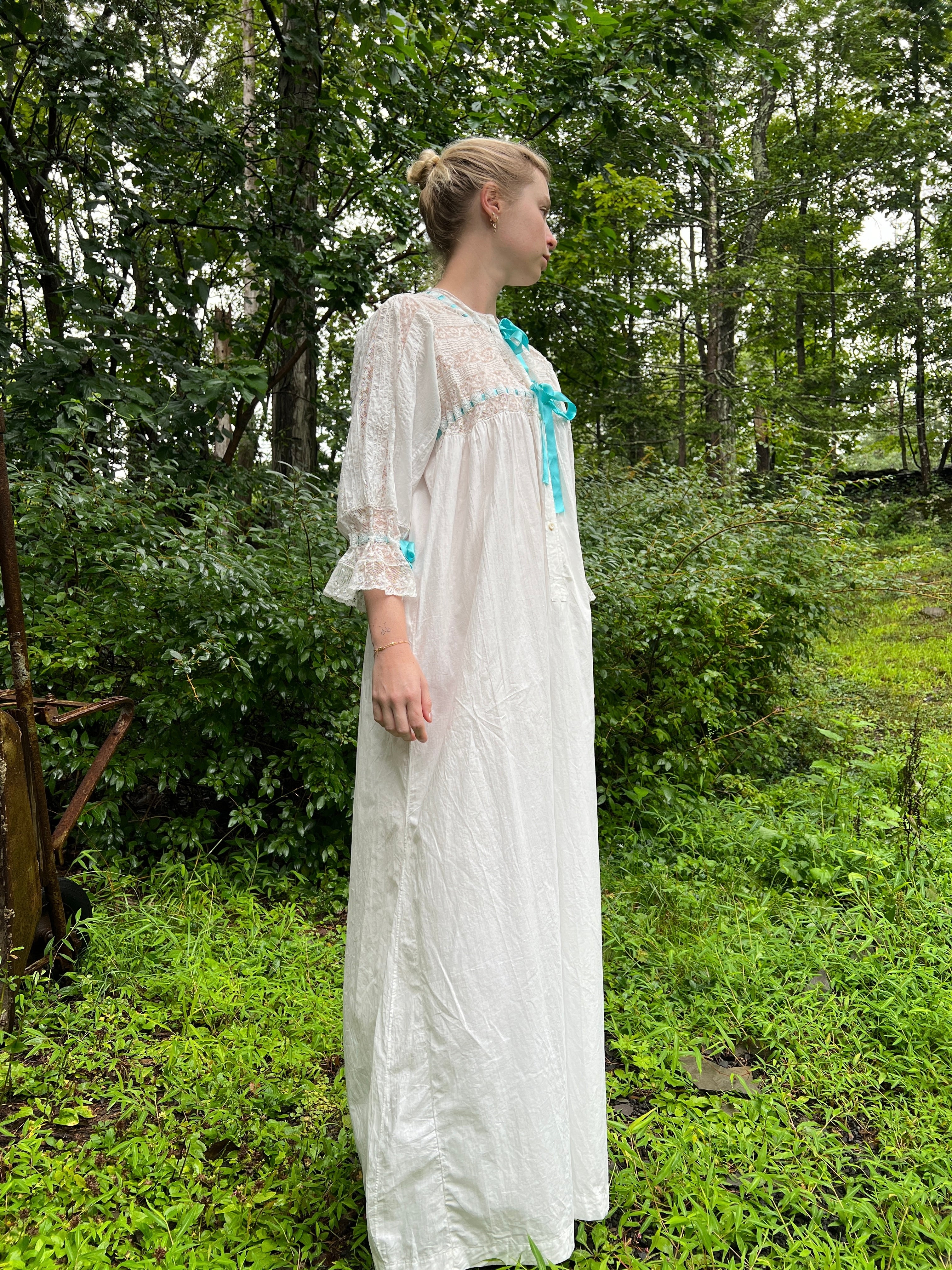 Edwardian White Cotton Dress with Blue Ribbon and Lace Eveliina Vintage Edwardian White Cotton Dress with Blue Ribbon and Lace Eveliina Vintage