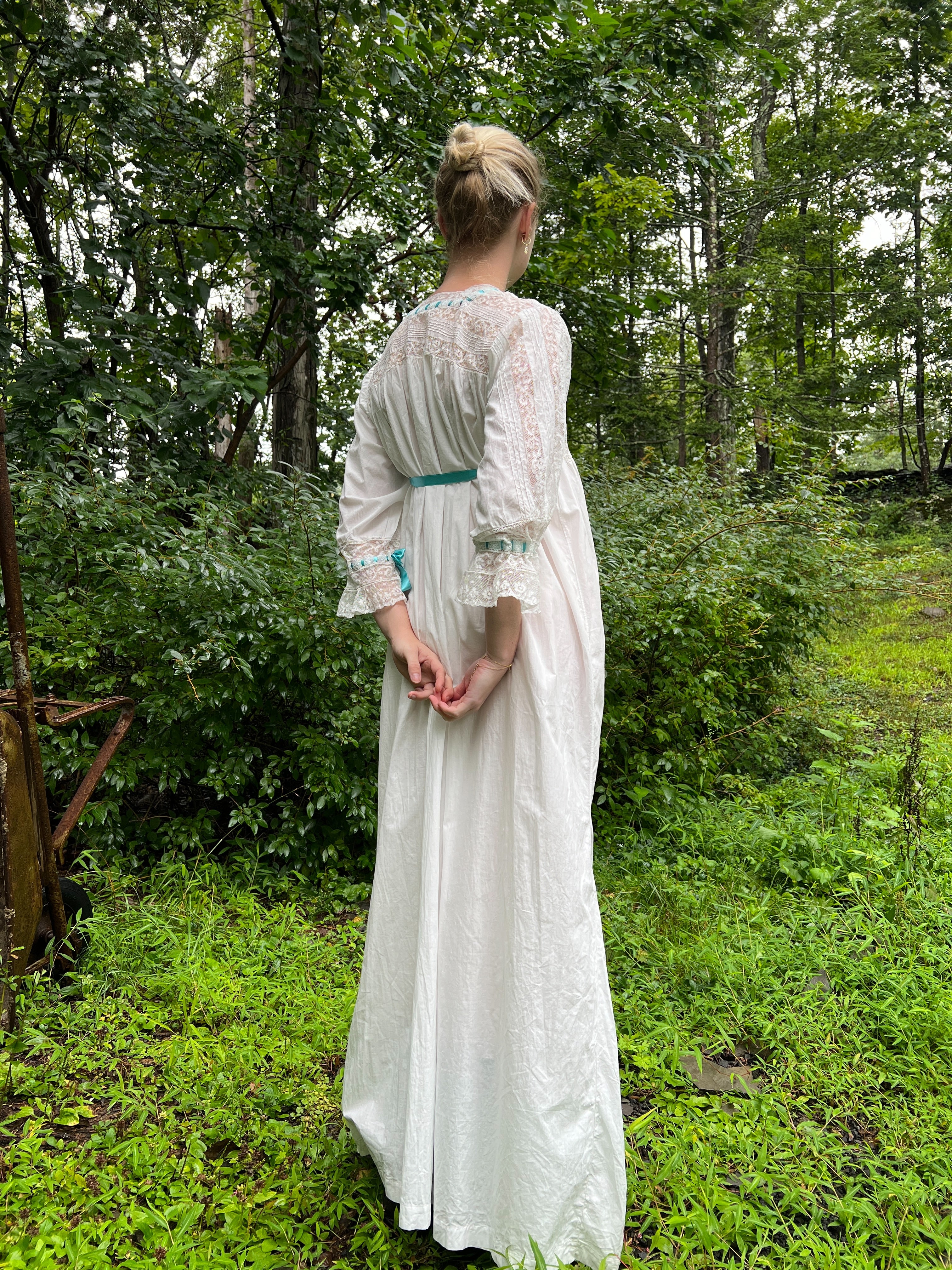 Edwardian White Cotton Dress with Blue Ribbon and Lace