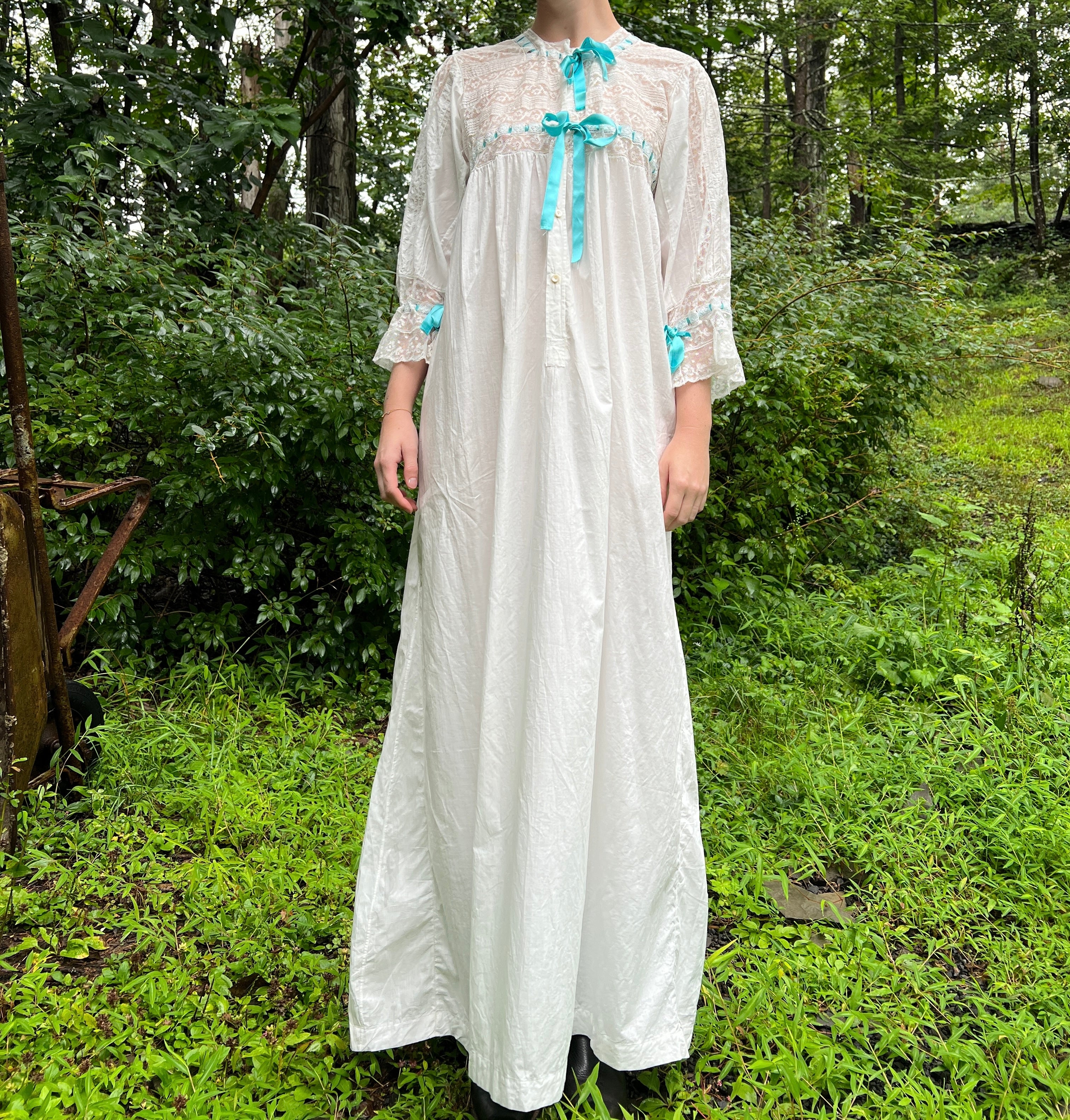 Edwardian White Cotton Dress with Blue Ribbon and Lace