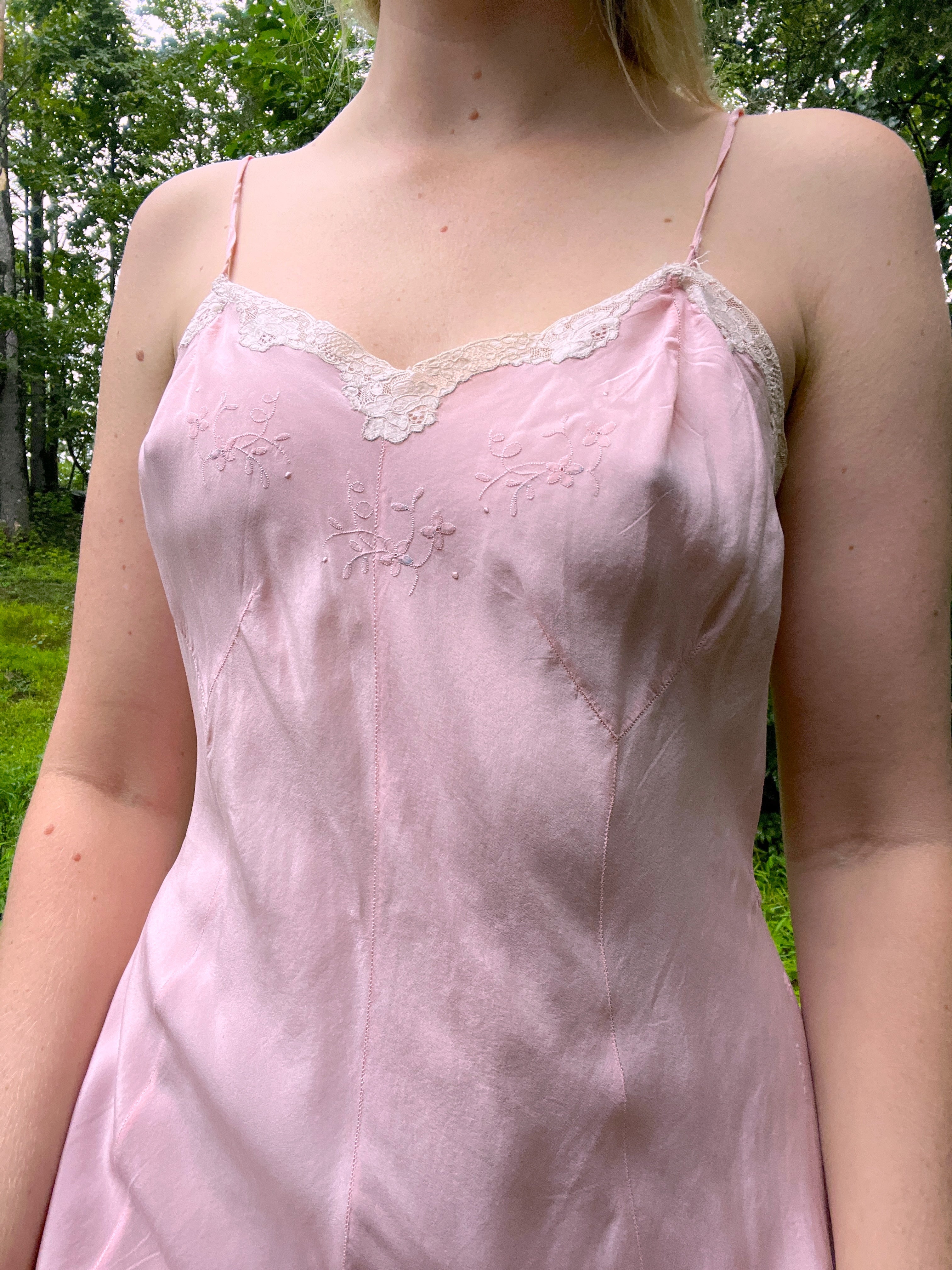 1930's Pink Spaghetti Strap Silk Slip with Embroidery