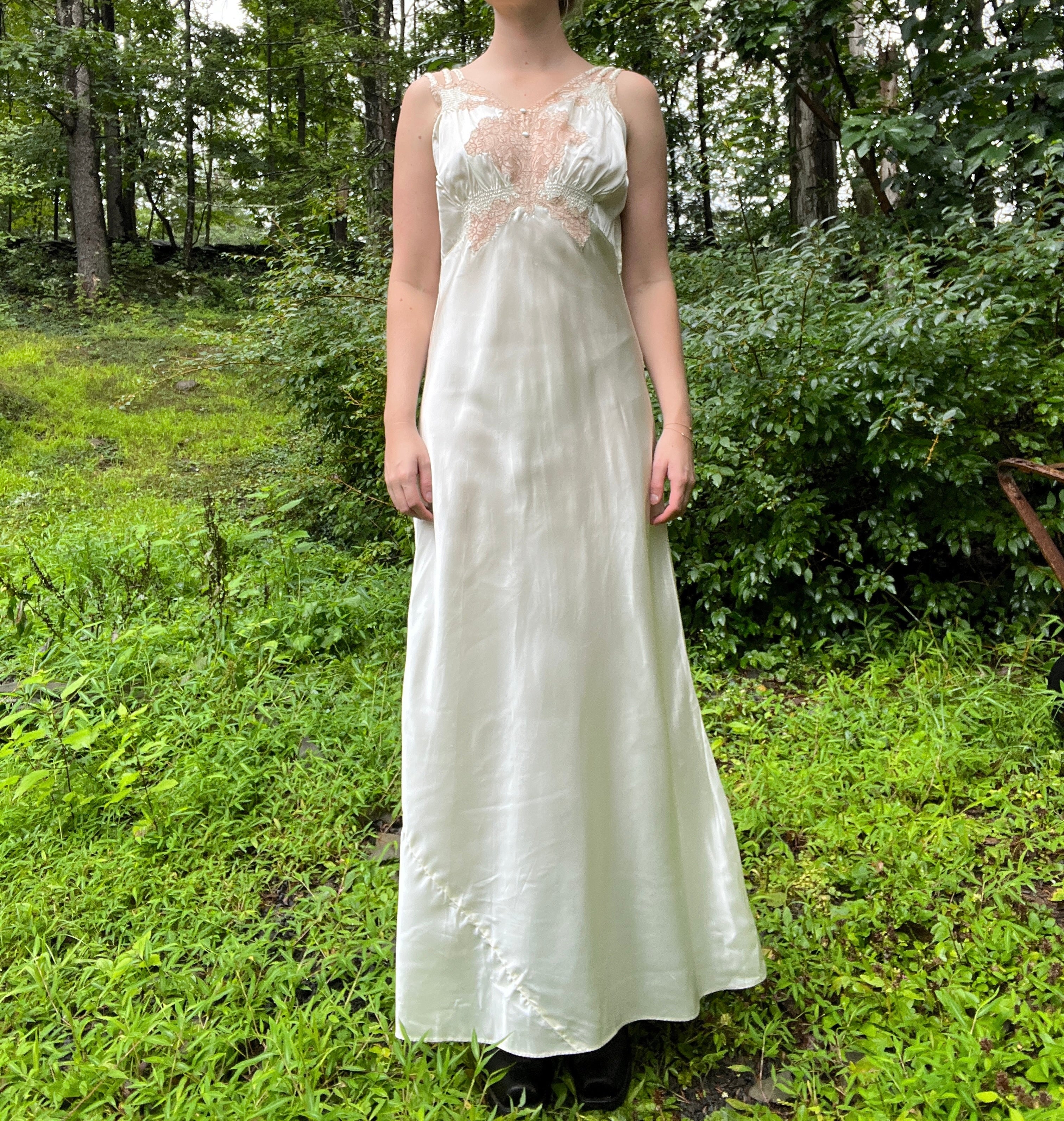 1930's White Satin Slip Dress with Lace