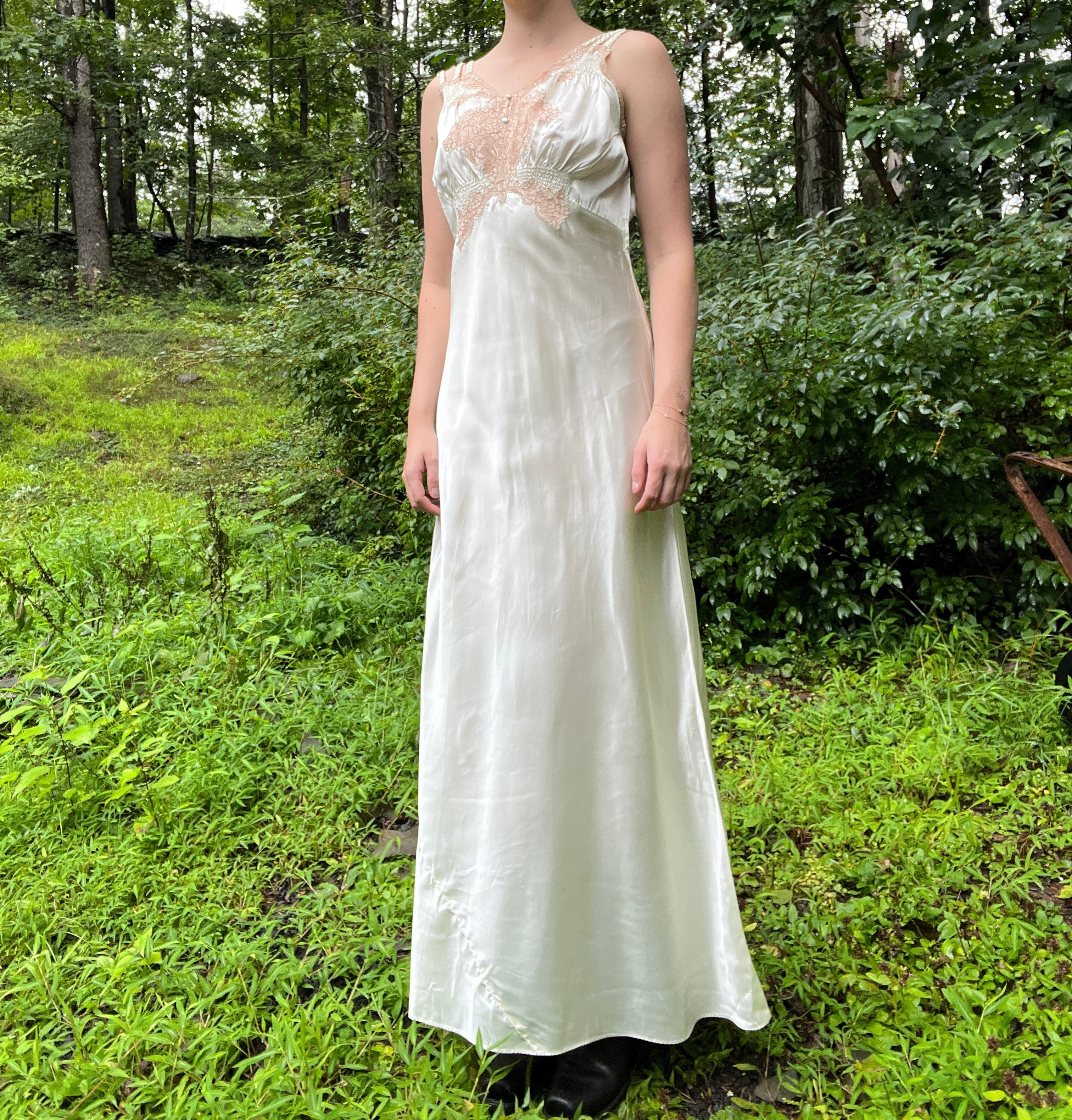 1930's White Satin Slip Dress with Lace