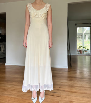 1930's Off White Silk Slip Dress with Net Ruffle