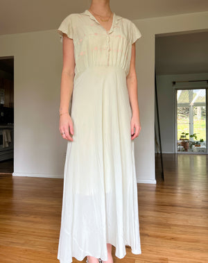 1930's Pale Green Silk Dress with Pink Floral Embroidery