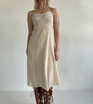 1930's Cream Silk Slip with Shell Embroidery and White Lace