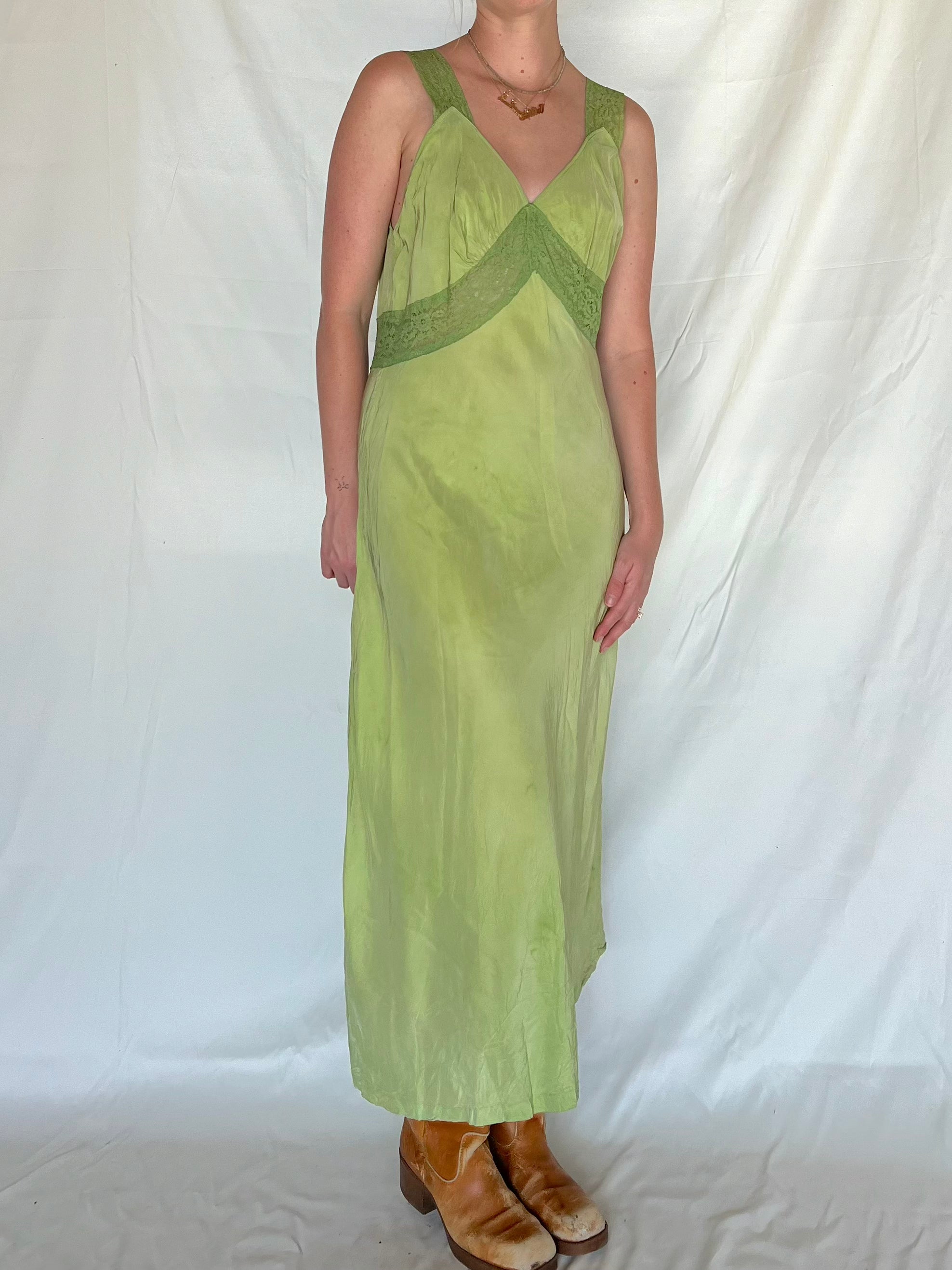 Hand Dyed Green Slip Dress Eveliina Vintage Hand Dyed Green Slip Dress Eveliina Vintage
