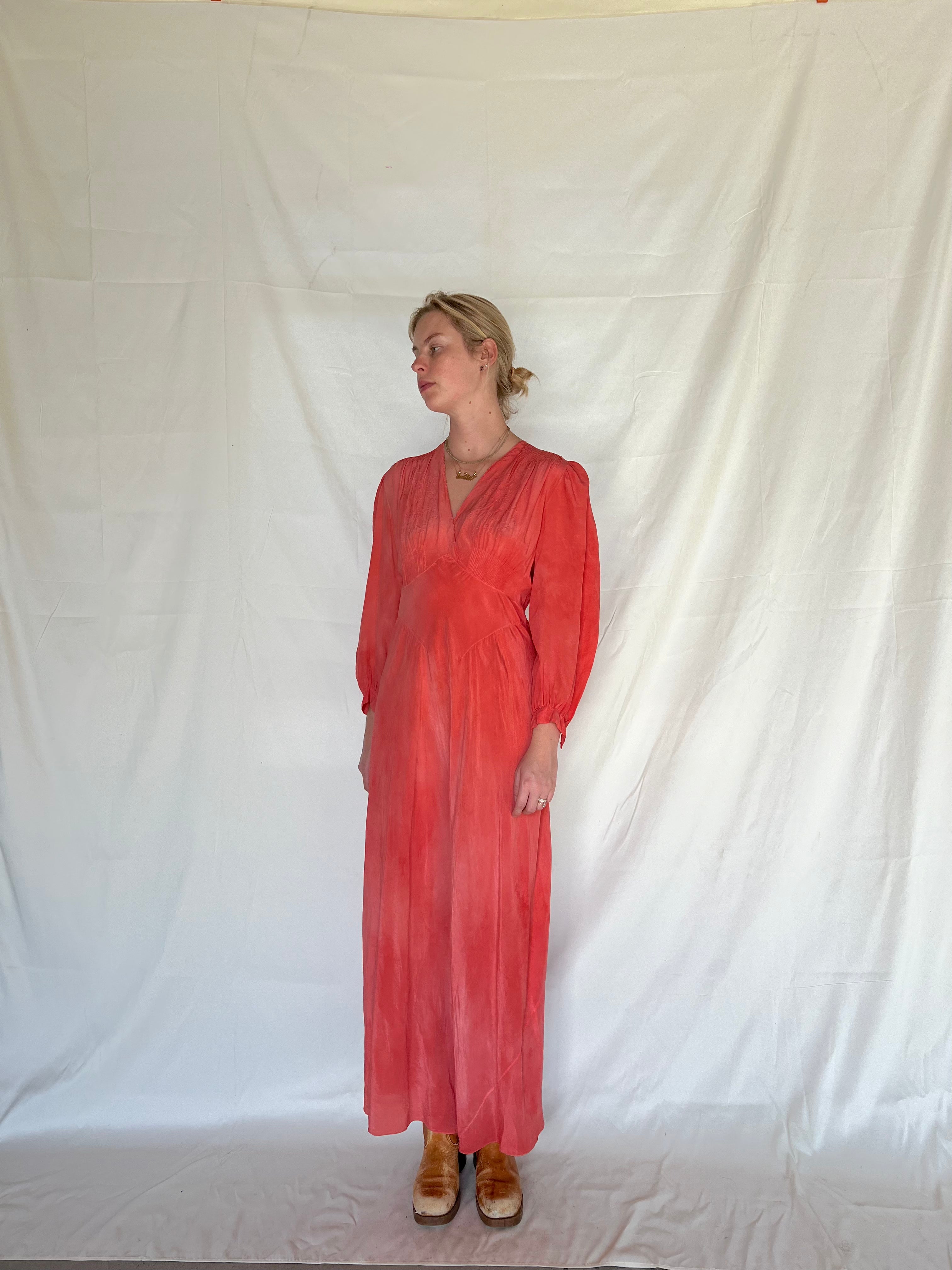 Hand Dyed Bright Peachy Pink Silk Long Sleeve Dress Eveliina Vintage Hand Dyed Bright Peachy Pink Silk Long Sleeve Dress Eveliina Vintage
