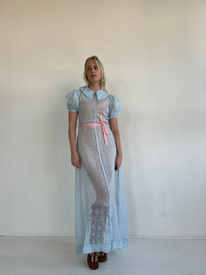 1930's Blue Floral Embroidered Organza Puffed Sleeve Gown
