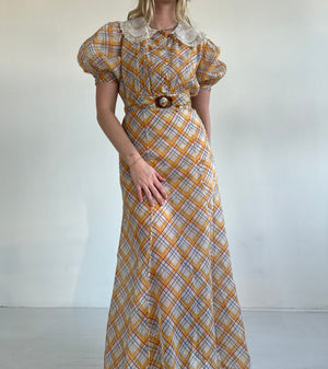 1930's Plaid Organza Puffed Sleeve Gown