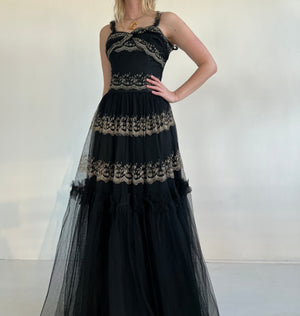 1950's Black Tulle Gown and Cream Embroidery