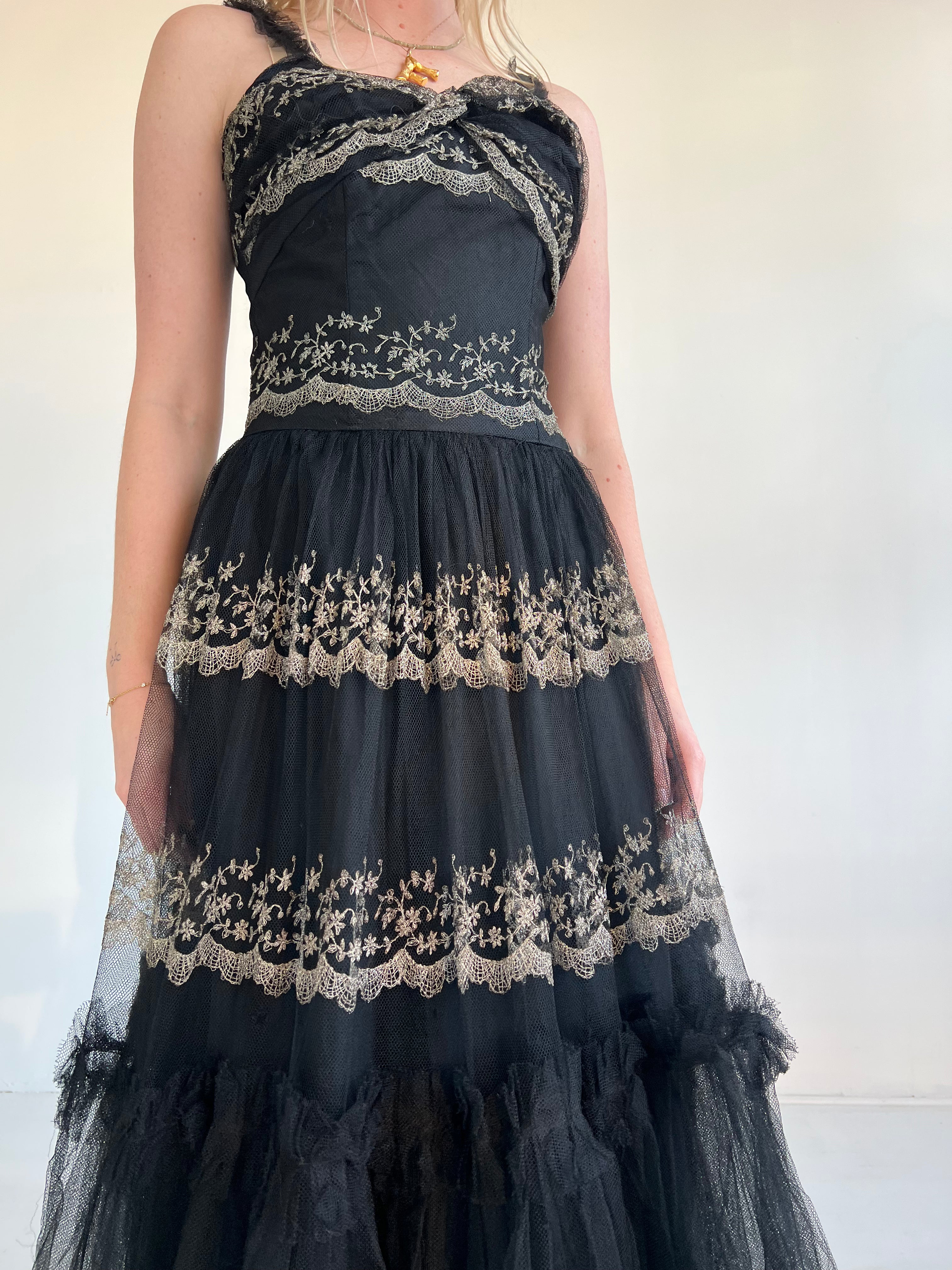 1950's Black Tulle Gown and Cream Embroidery Eveliina Vintage 1950's Black Tulle Gown and Cream Embroidery Eveliina Vintage