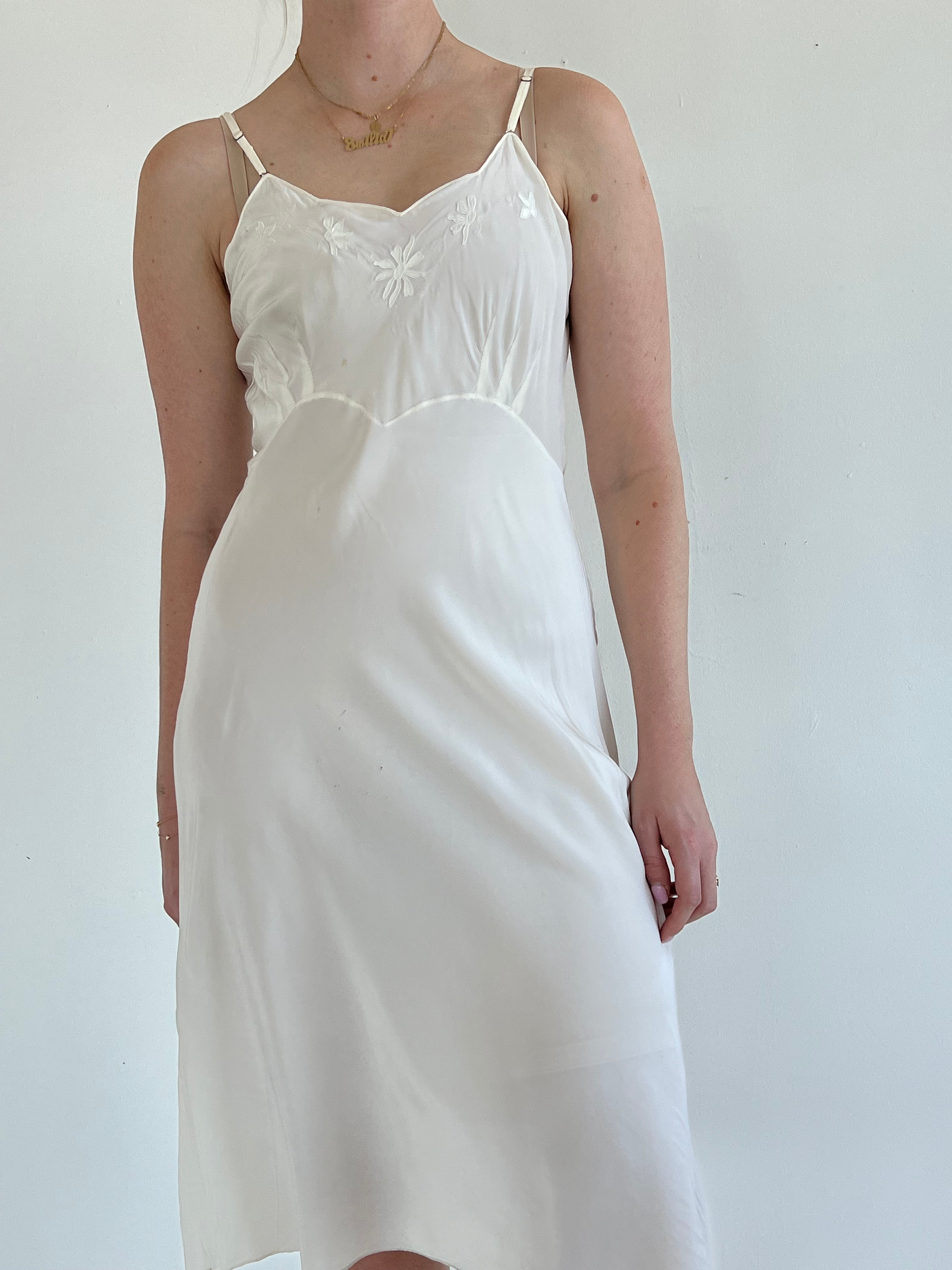 1930's White Spaghetti Strap Slip with Floral Embroidery