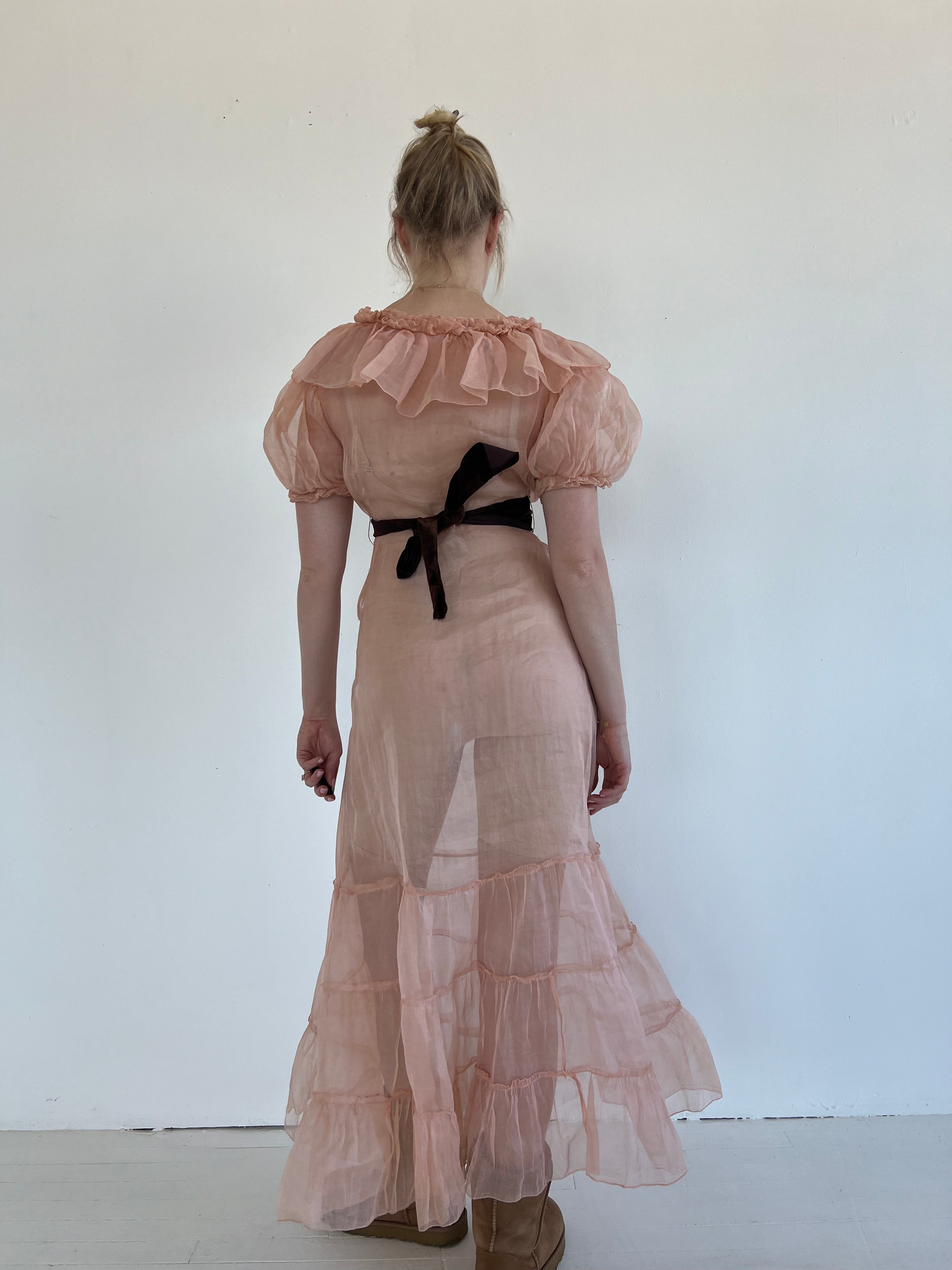 1930's Dusty Peach Cotton Organza Puff Sleeve Gown