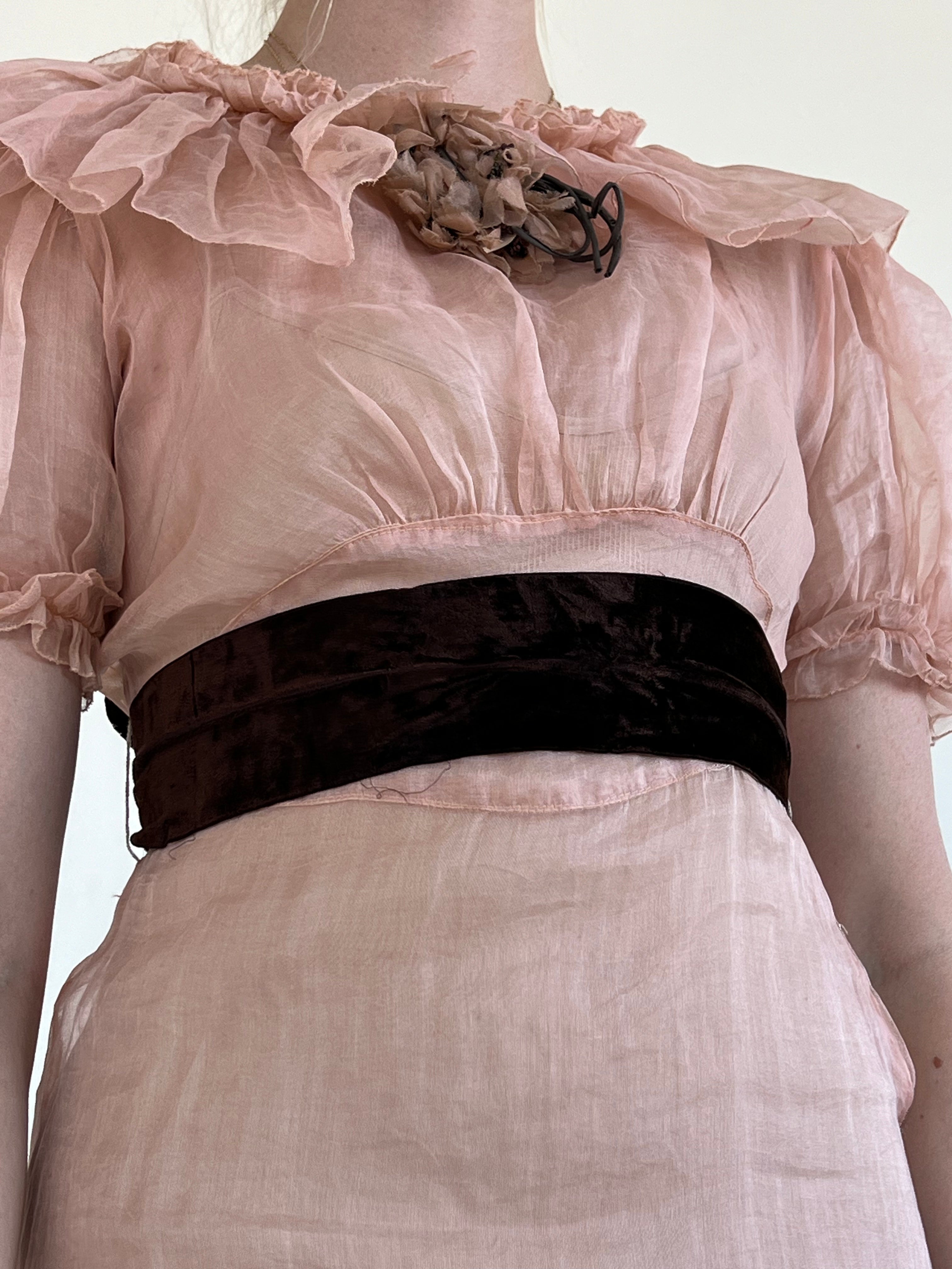 1930's Dusty Peach Cotton Organza Puff Sleeve Gown