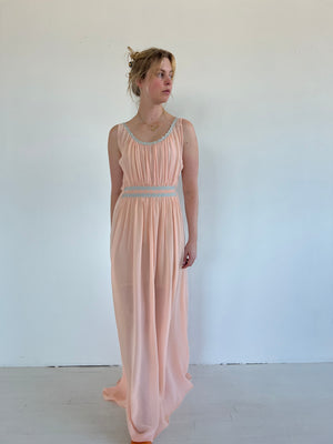 1930's Dusty Pink Silk Chiffon Gown with Blue Silk Floral Embroidery