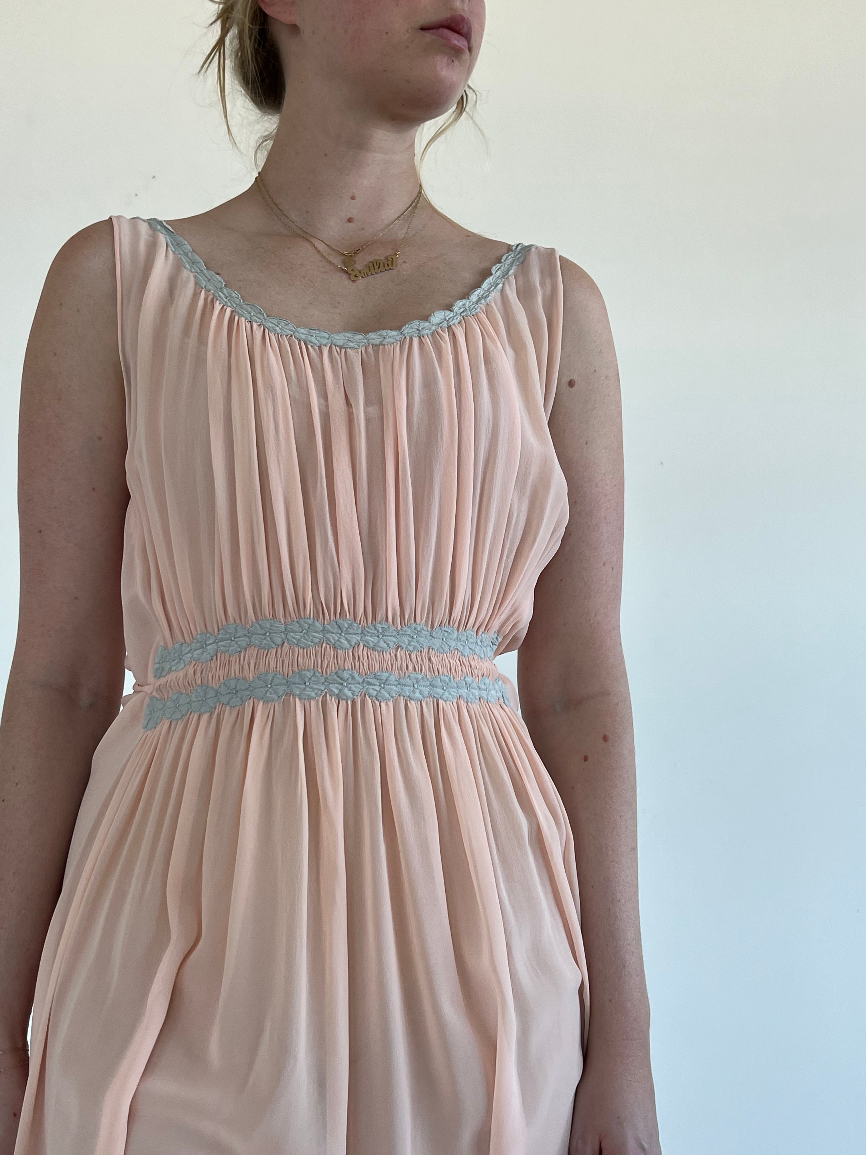 1930's Dusty Pink Silk Chiffon Gown with Blue Silk Floral Embroidery