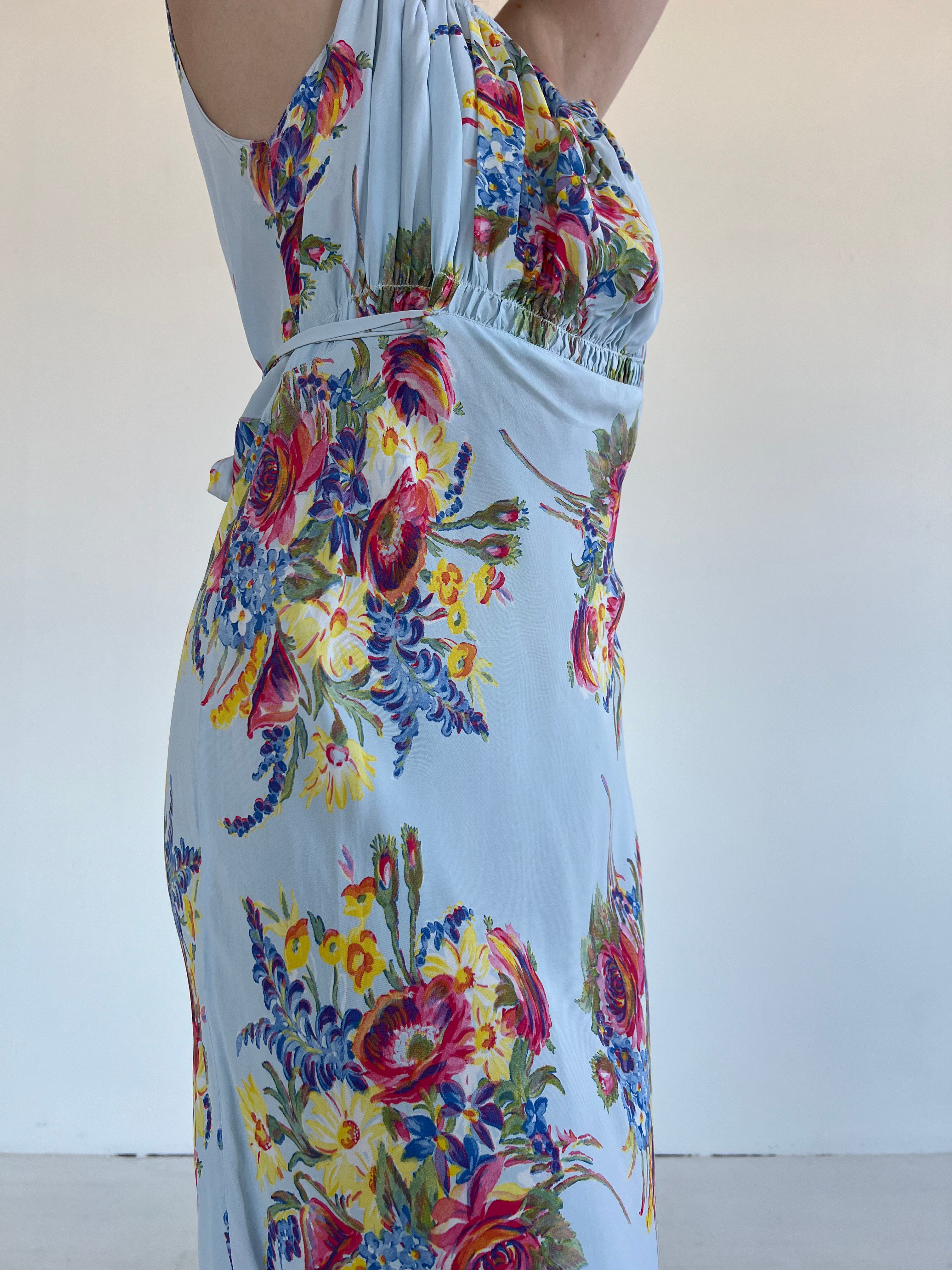 1940's Blue Floral Print Slip Dress