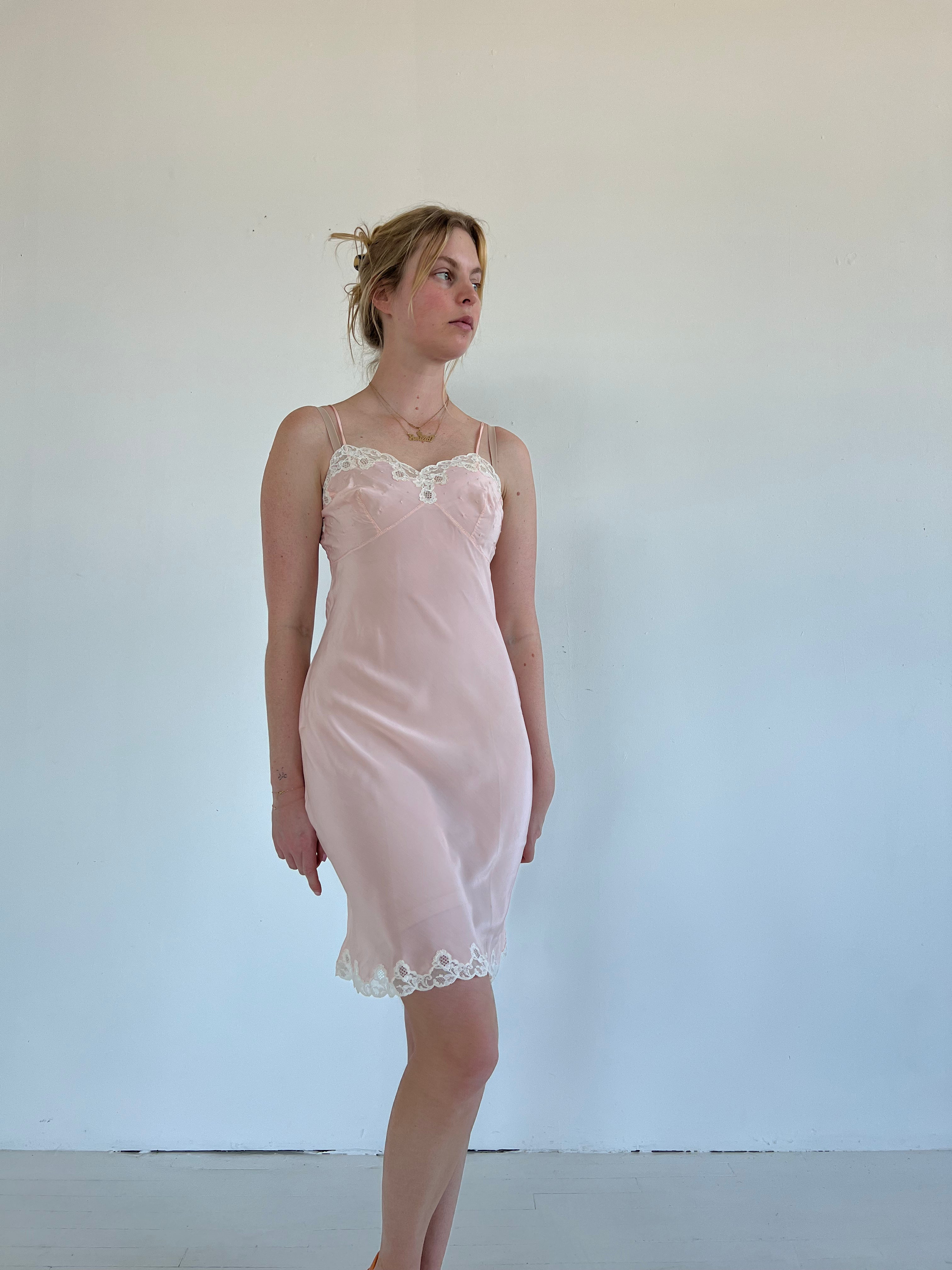 1930's Baby Pink Silk Spaghetti Strap Slip Eveliina Vintage 1930's Baby Pink Silk Spaghetti Strap Slip Eveliina Vintage