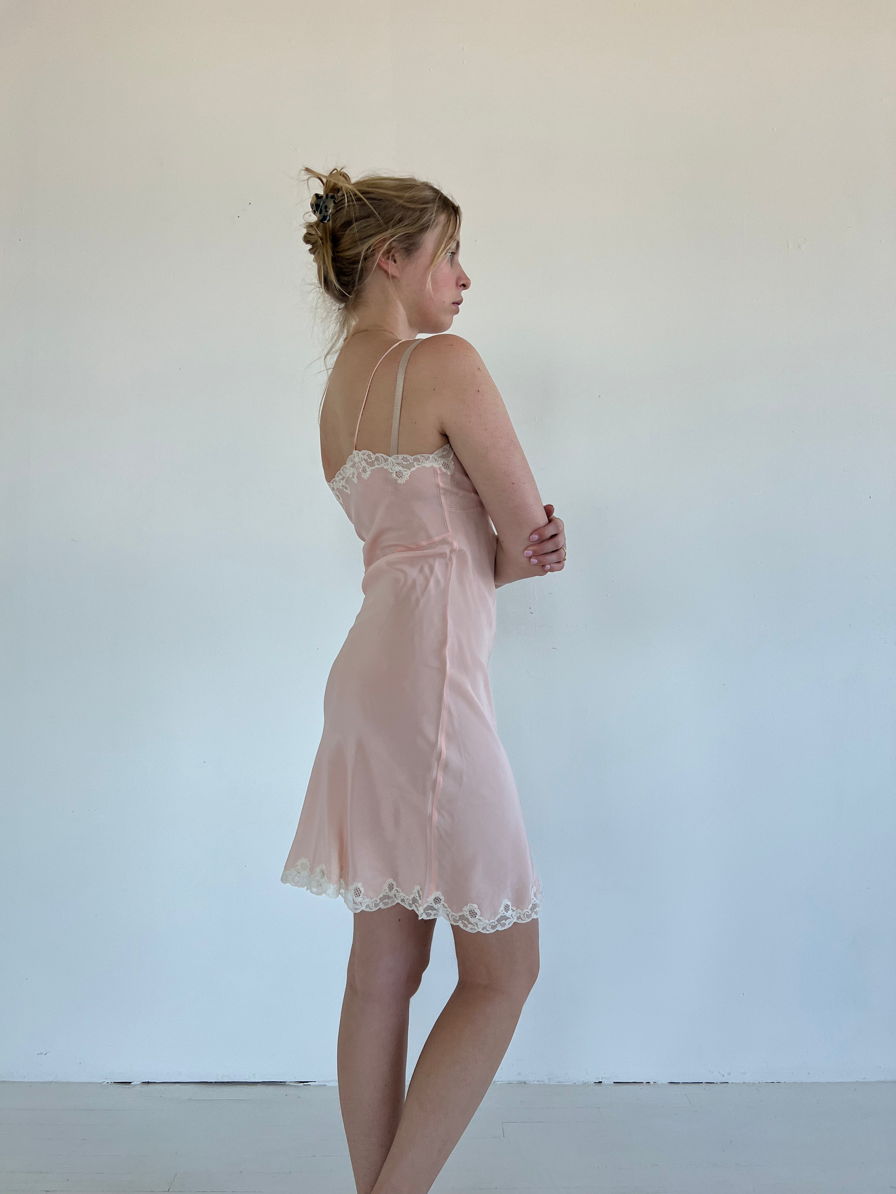 1930's Baby Pink Silk Spaghetti Strap Slip Eveliina Vintage 1930's Baby Pink Silk Spaghetti Strap Slip Eveliina Vintage