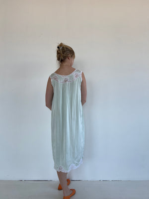 1930's Pale Aqua Silk Baby Doll Dress with White Lace