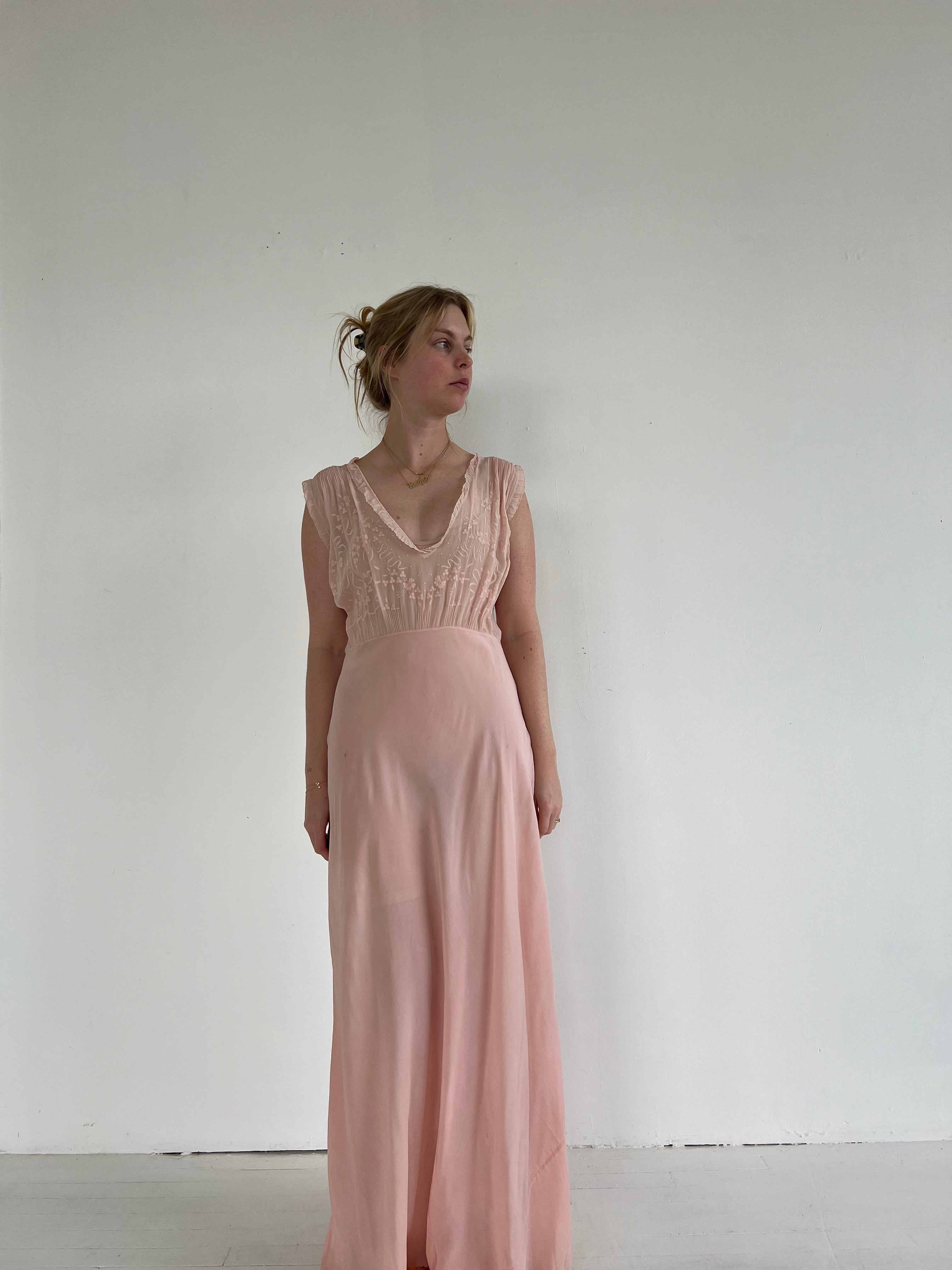 1930's Pink Silk Slip Dress with Ribbon Embroidery Eveliina Vintage 1930's Pink Silk Slip Dress with Ribbon Embroidery Eveliina Vintage