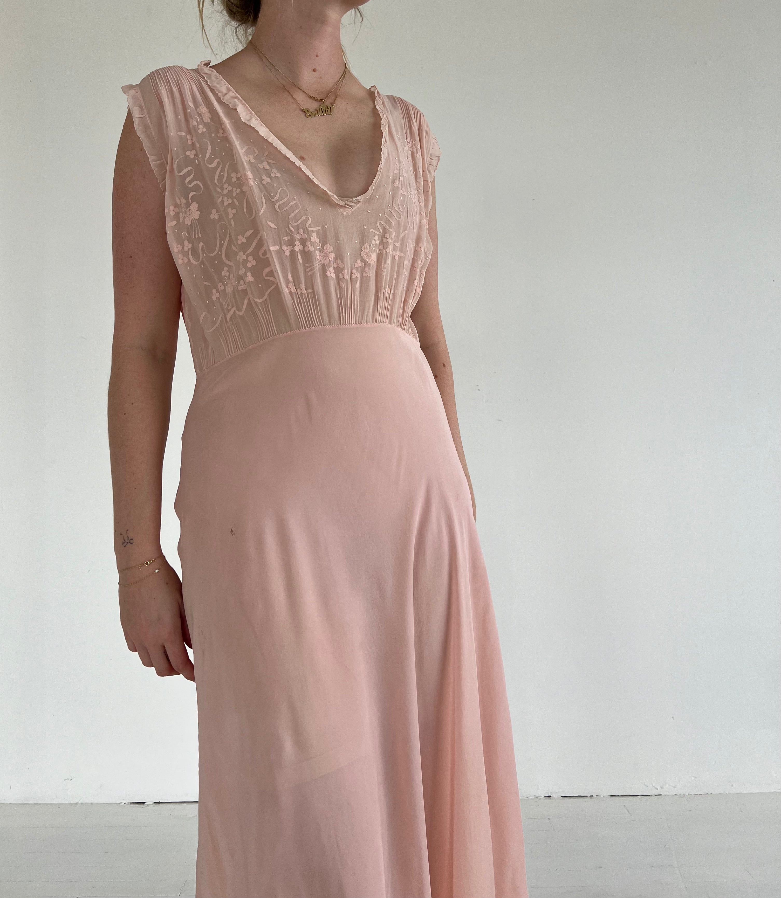 1930 s Pink Silk Slip Dress with Ribbon Embroidery Eveliina Vintage