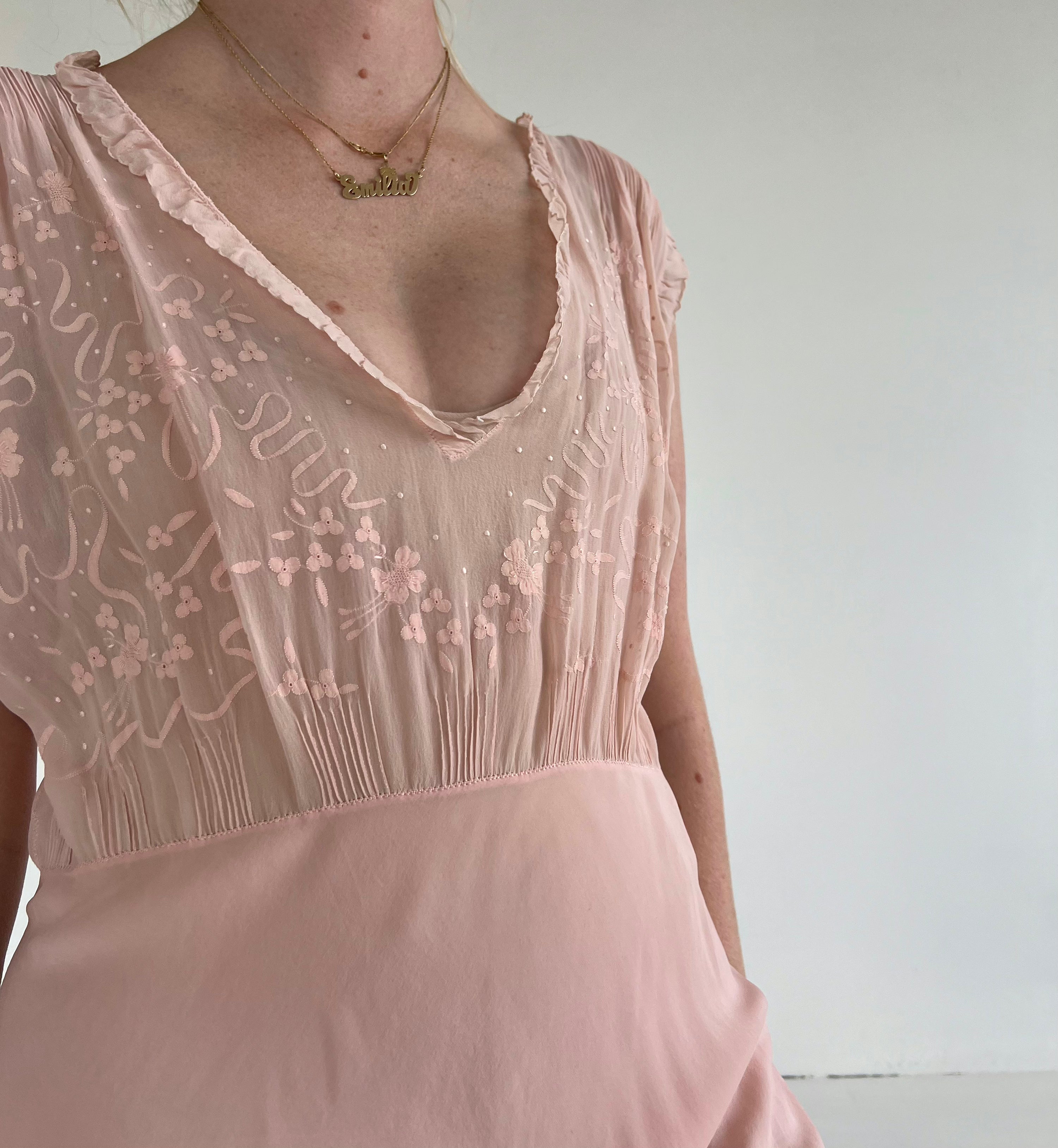 1930's Pink Silk Slip Dress with Ribbon Embroidery
