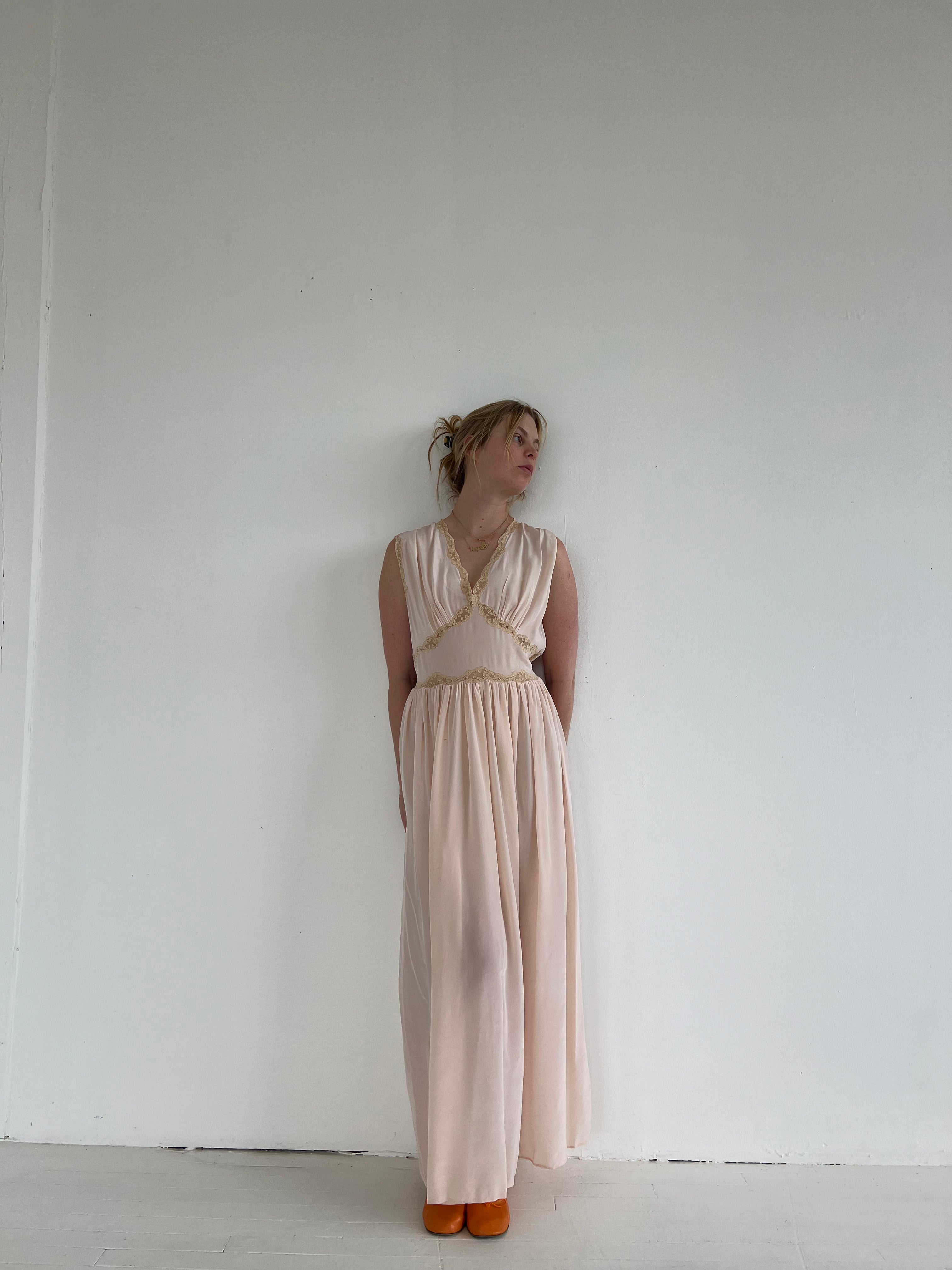 1930's Pale Pink Silk Slip Dress with Cream Lace