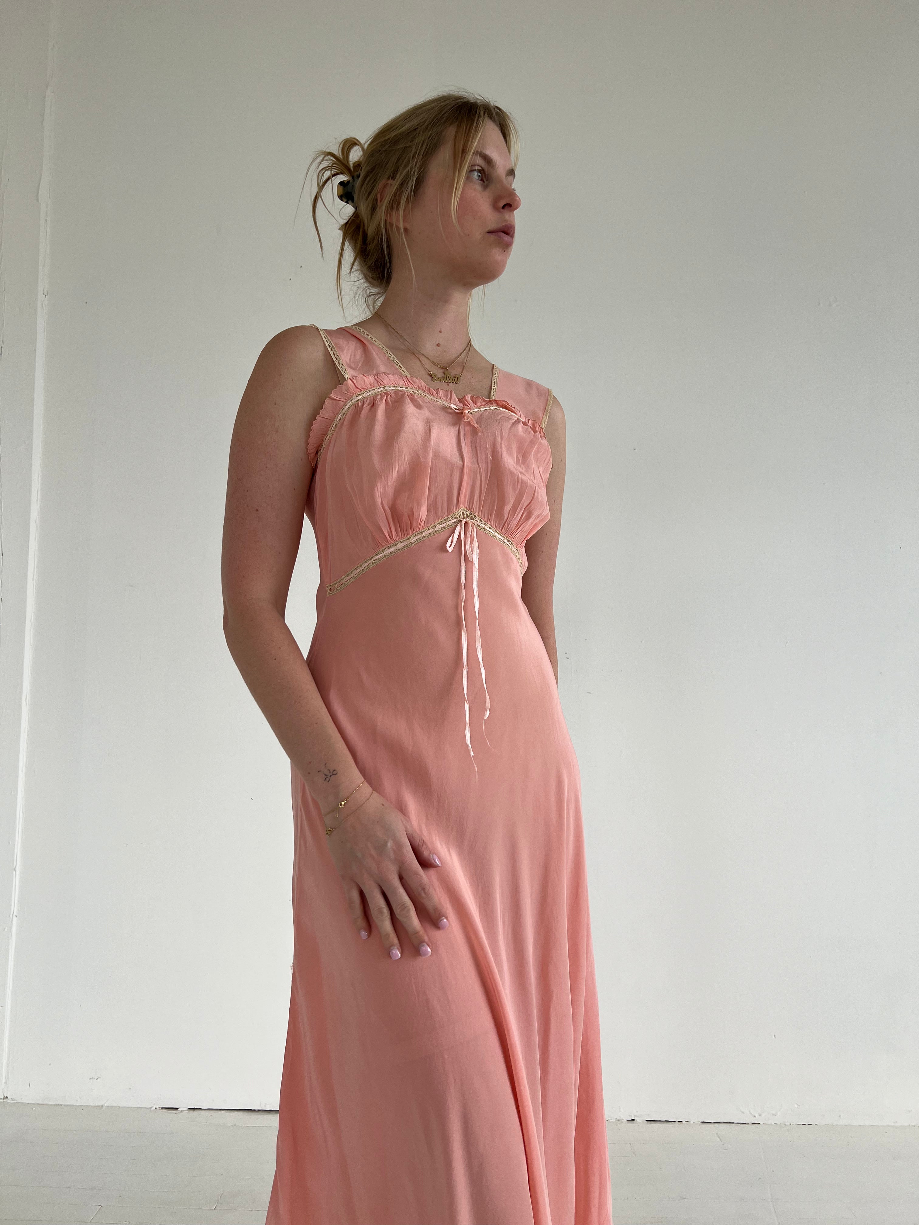 pink silk slip dress 1930's Pink Silk Slip Dress with Ruffle – Eveliina Vintage