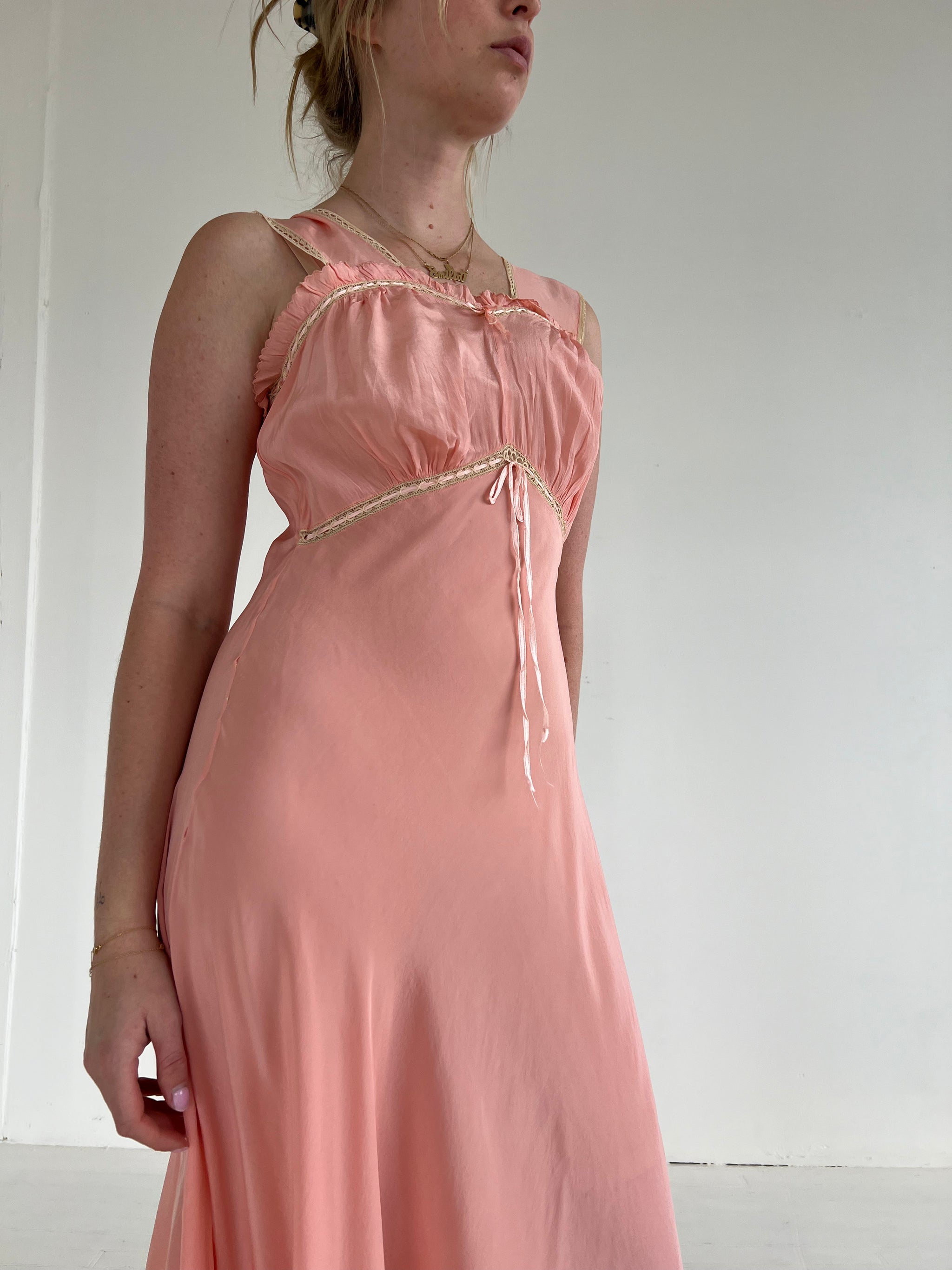 1930's Pink Silk Slip Dress with Ruffle – Eveliina Vintage