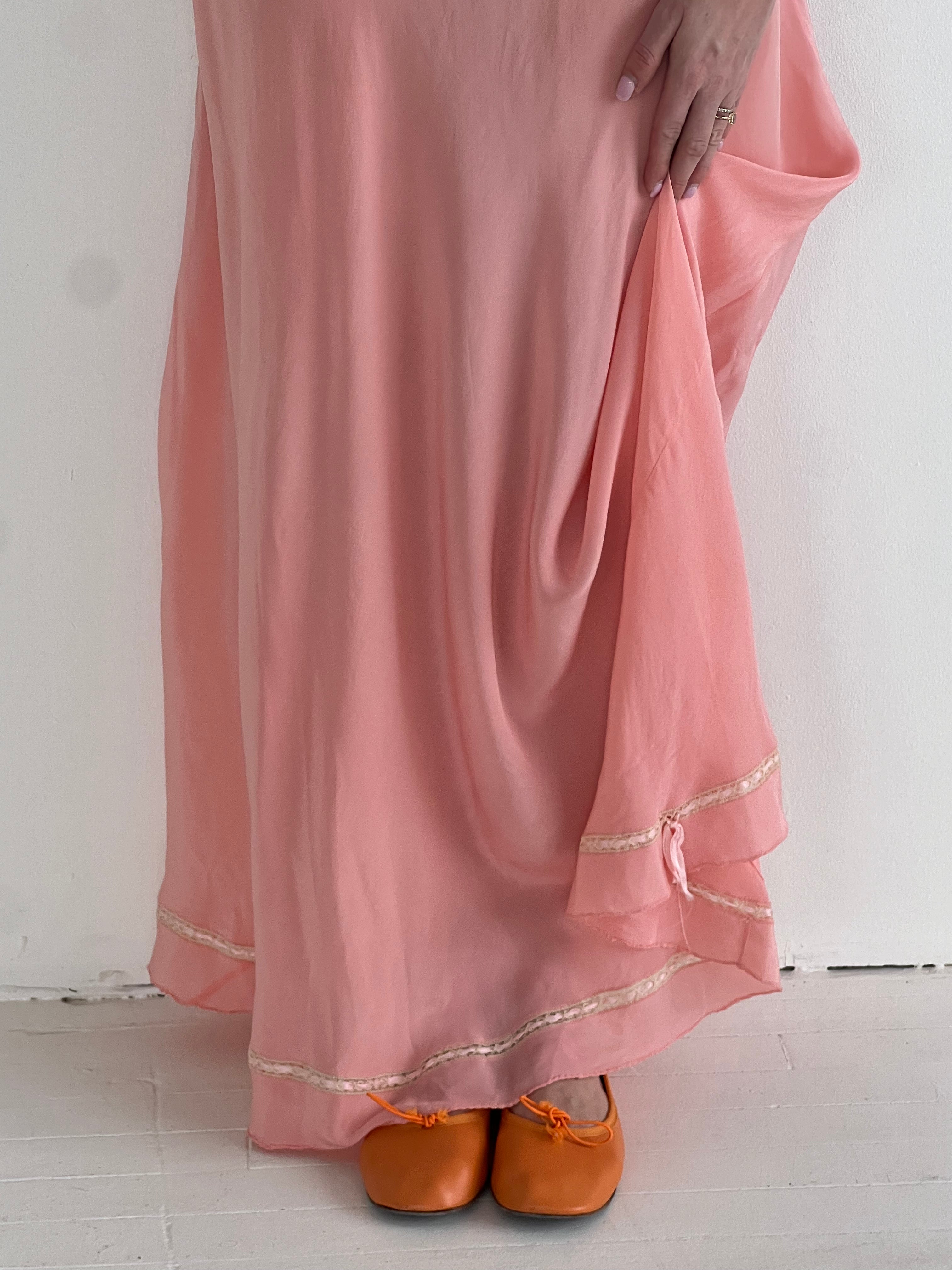1930's Pink Silk Slip Dress with Ruffle