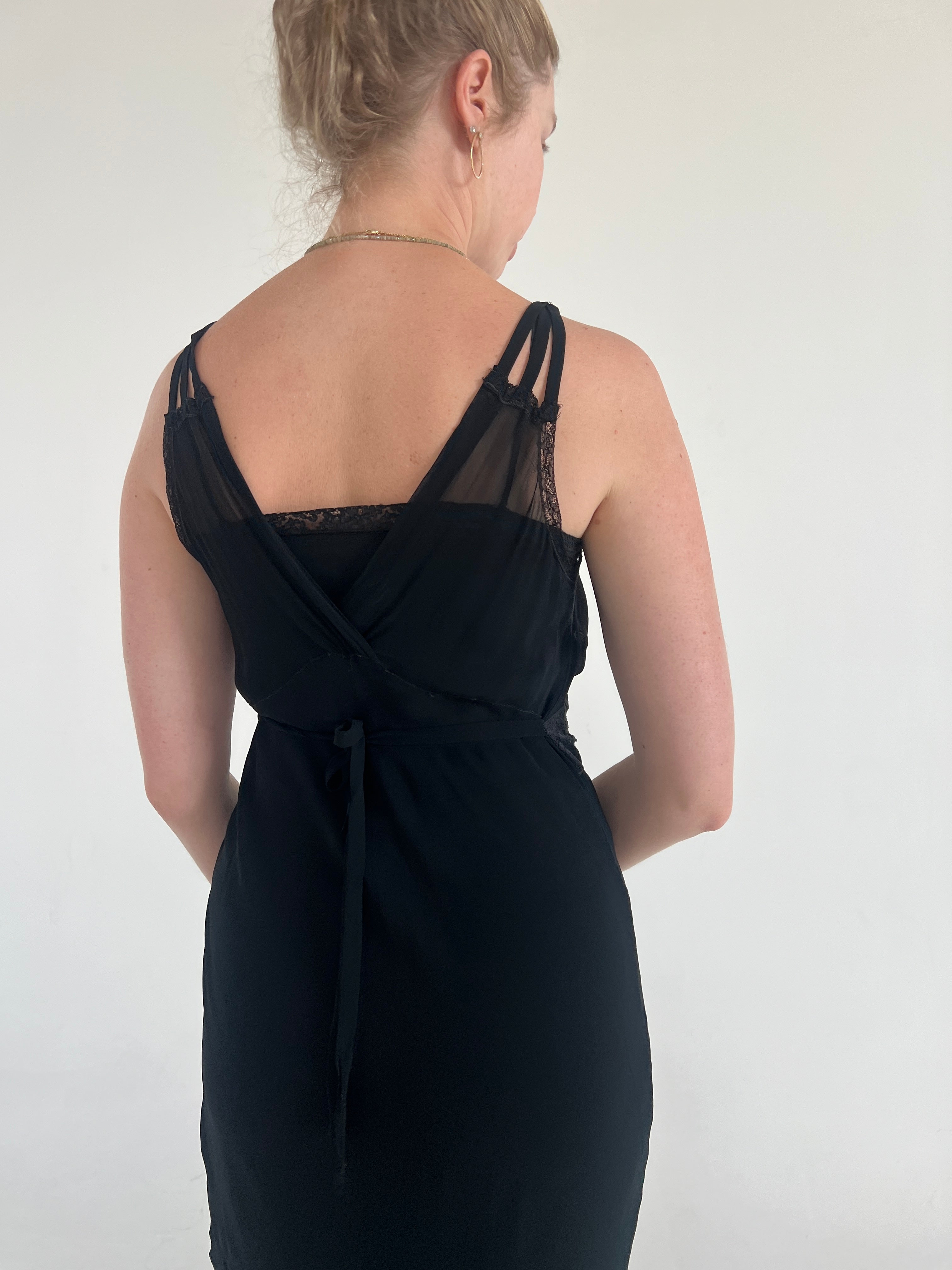 black chiffon slip dress Black Crinkle Chiffon Lace Insert Double Split Maxi Slip Dress