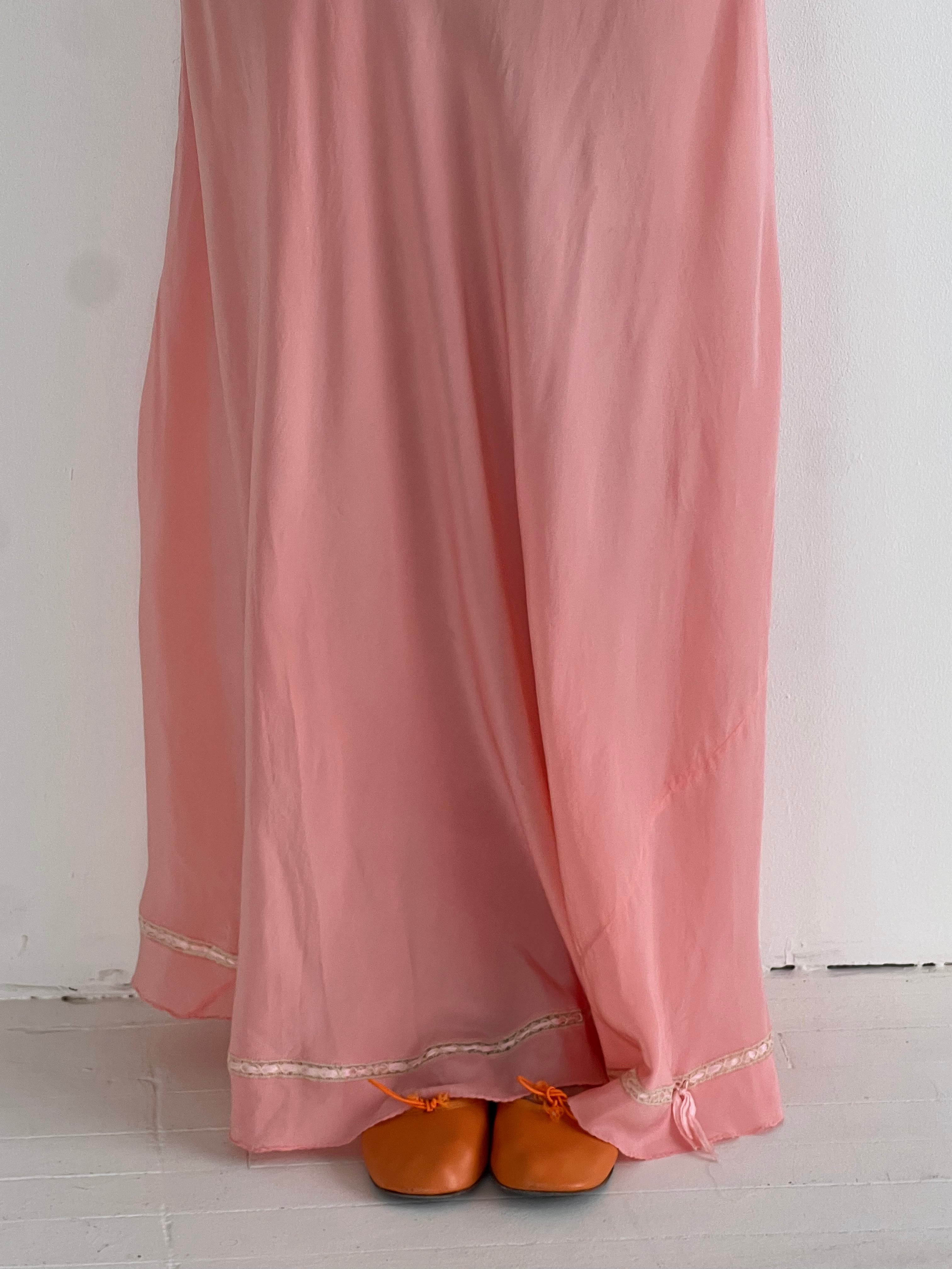 1930's Pink Silk Slip Dress with Ruffle