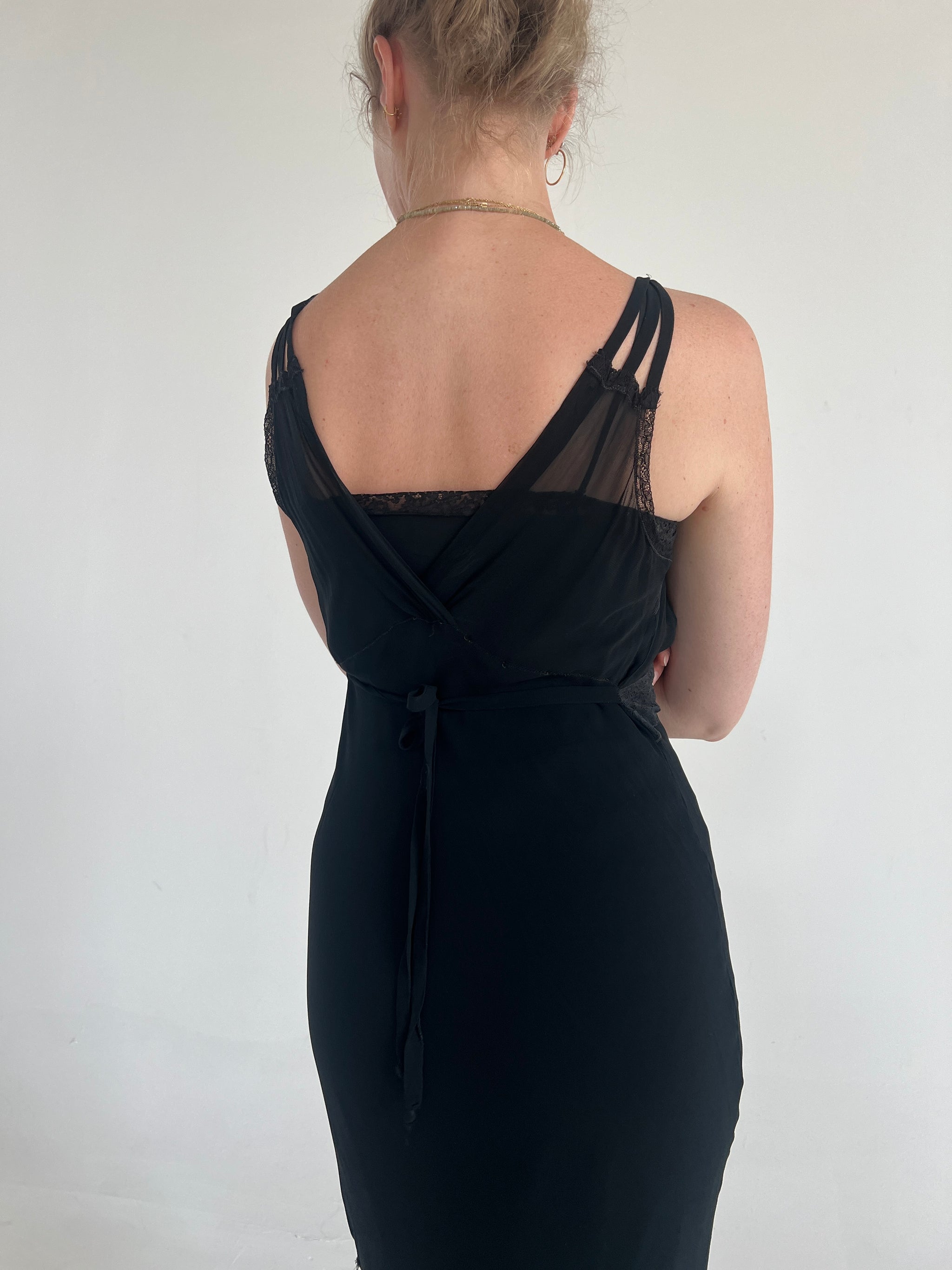 black vintage slip dress 1950s Black Crystal Pleat Slip Dress M L